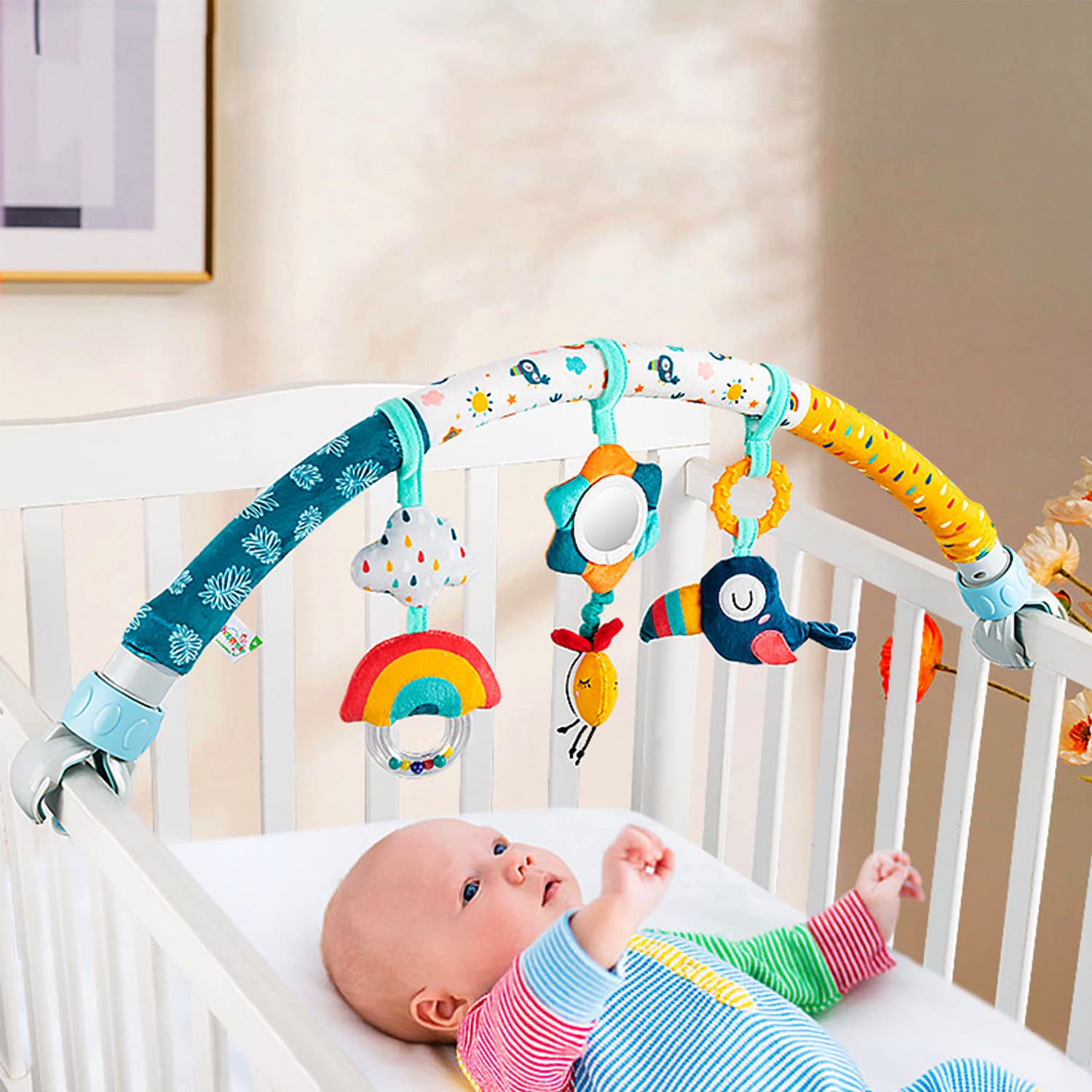 Caterbee Baby Bouncer Toy Bar - Stroller & Crib Activity Arch with Dangling Toys for Infants & Toddlers (Sky Blue) | Perfect for Strollers, Bassinets, and Travel Entertainment