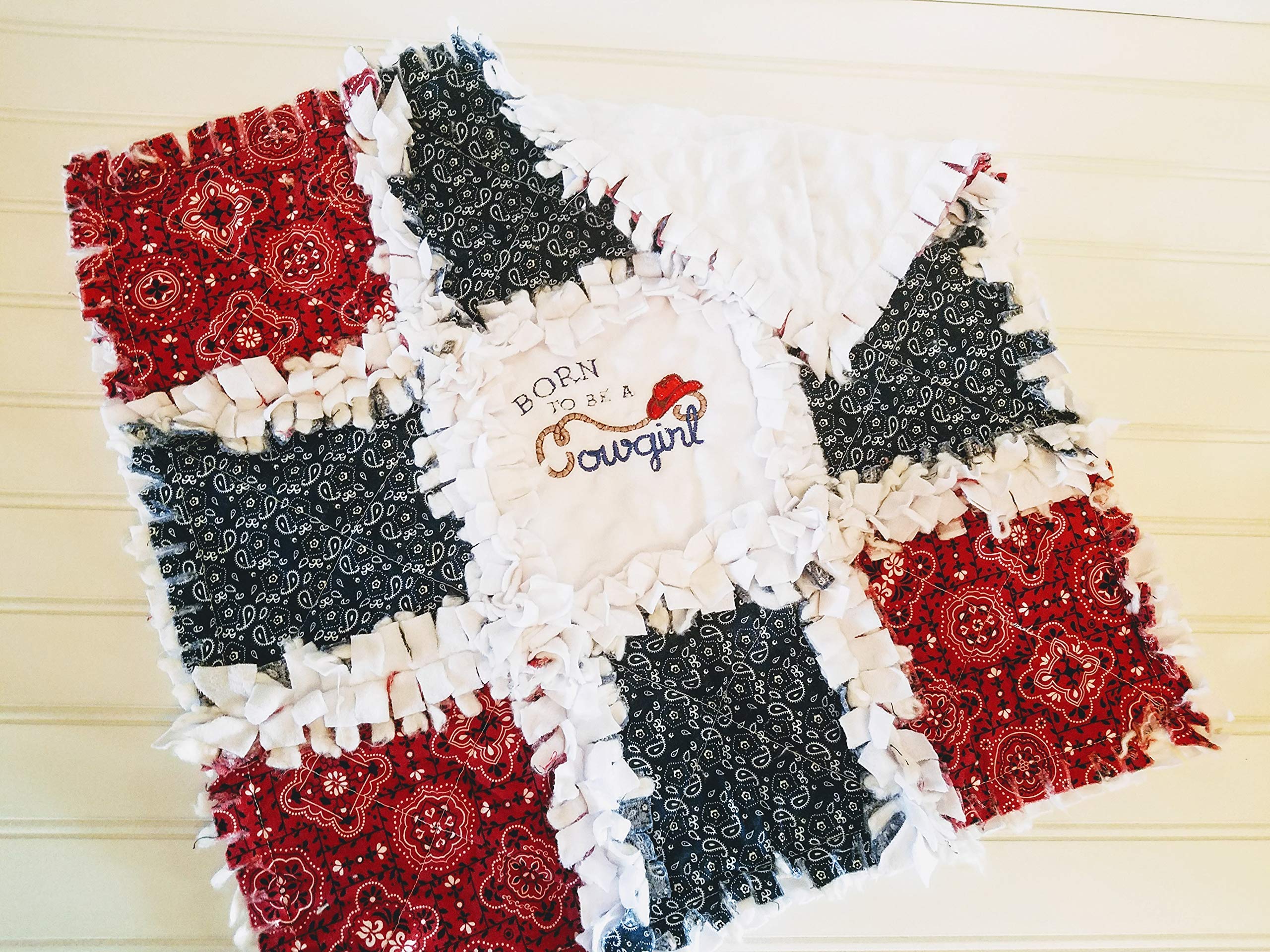 Born to Be a Cowgirl Mini Rag Quilt - Soft Baby Crib Blanket for Nursery, Western Themed Nursery Decor, Perfect for Cowgirl Birthday Gifts & Farmhouse Style Bedding