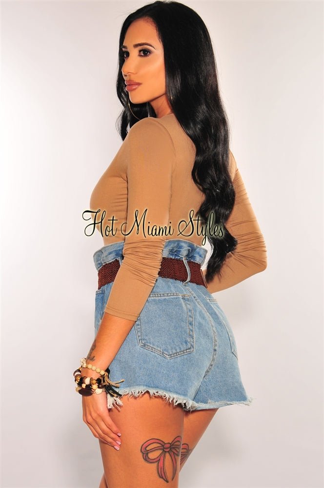 Distressed Denim High Waist Paperbag Shorts with Belt & Frayed Hem - Trendy Women's Summer Fashion for Casual Outings & Beach Vacations