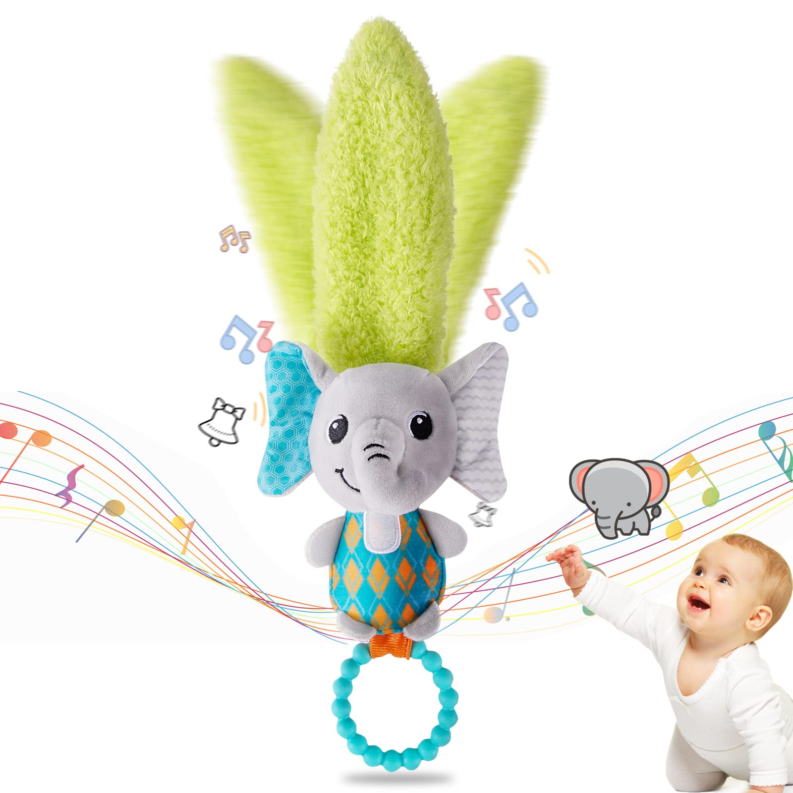 Soft Elephant Baby Toy - BPA-Free Teether & Rattle for 0-12 Months | Multicolor Infant Developmental Toy for Tummy Time, Car Seat & Playtime | HOMO BAPE Plush Ring with Soft Tail for Sensory Stimulation