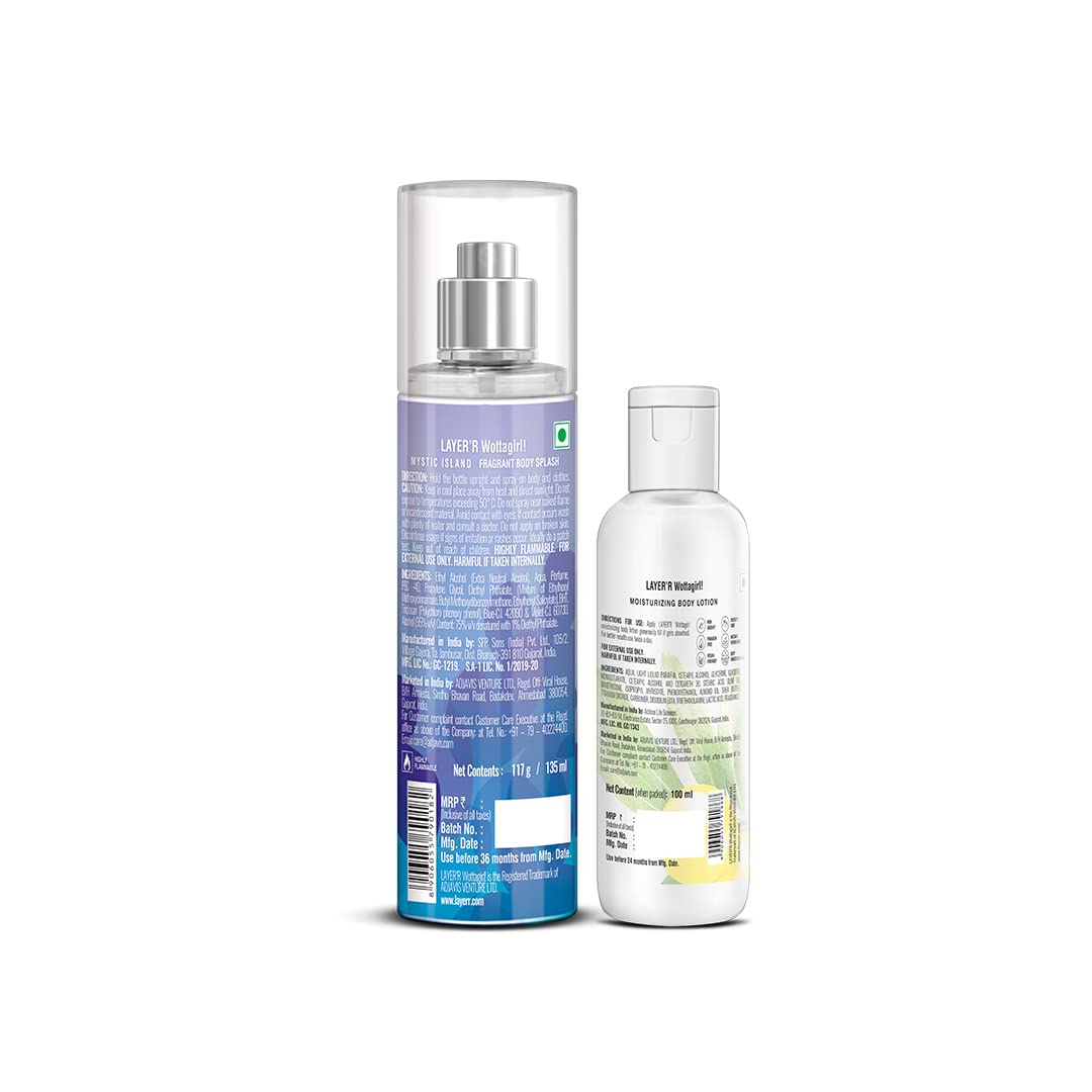 Layer'r Wottagirl Mystic Island Body Splash 135ml & Moisturizing Body Lotion 100ml - Refreshing Fragrance & Hydrating Skincare Set for Women | Perfect for Daily Use, Travel & Gift Giving