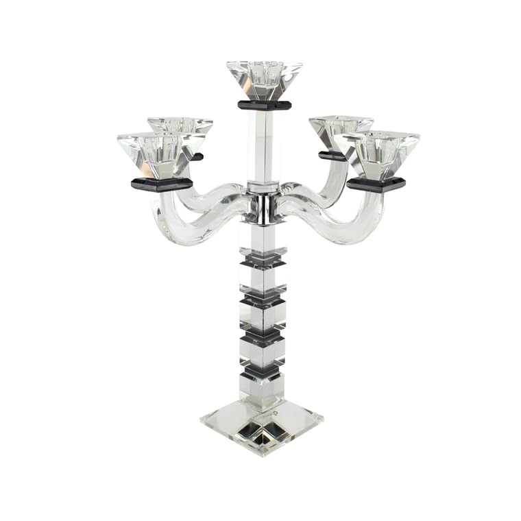 Elegant Judaica Crystal Candelabra - Square Design 5-Arm Candle Holder in Black for Shabbat & Jewish Holidays | Perfect for Synagogue, Home Decor & Wedding Centerpieces