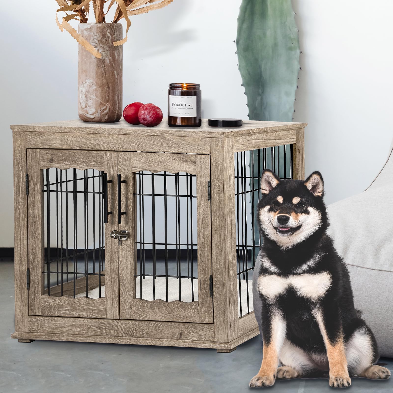 32 Inch Wooden Dog Crate Furniture with Bed Mat - Medium Dog Kennel with 3 Doors, End Side Table Design in Greige | Perfect for Living Room, Bedroom & Home Decor