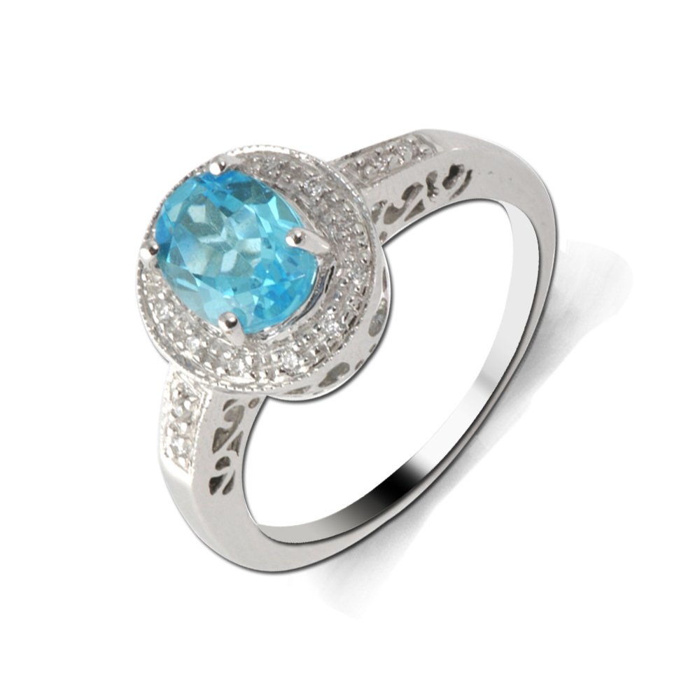 14K White Gold Blue Topaz & Diamond Ring - 0.85ct Oval & Round Cut Engagement Jewelry for Women, Wedding Gift, Anniversary Present