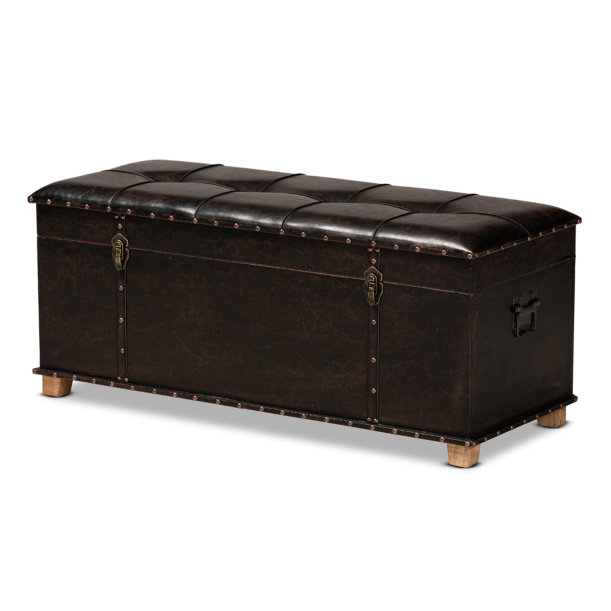 Baxton Studio Janna Rustic Transitional Storage Ottoman - Dark Brown Faux Leather Upholstery with Oak Wood Finish | Perfect for Living Room, Bedroom or Home Office Footrest and Extra Seating