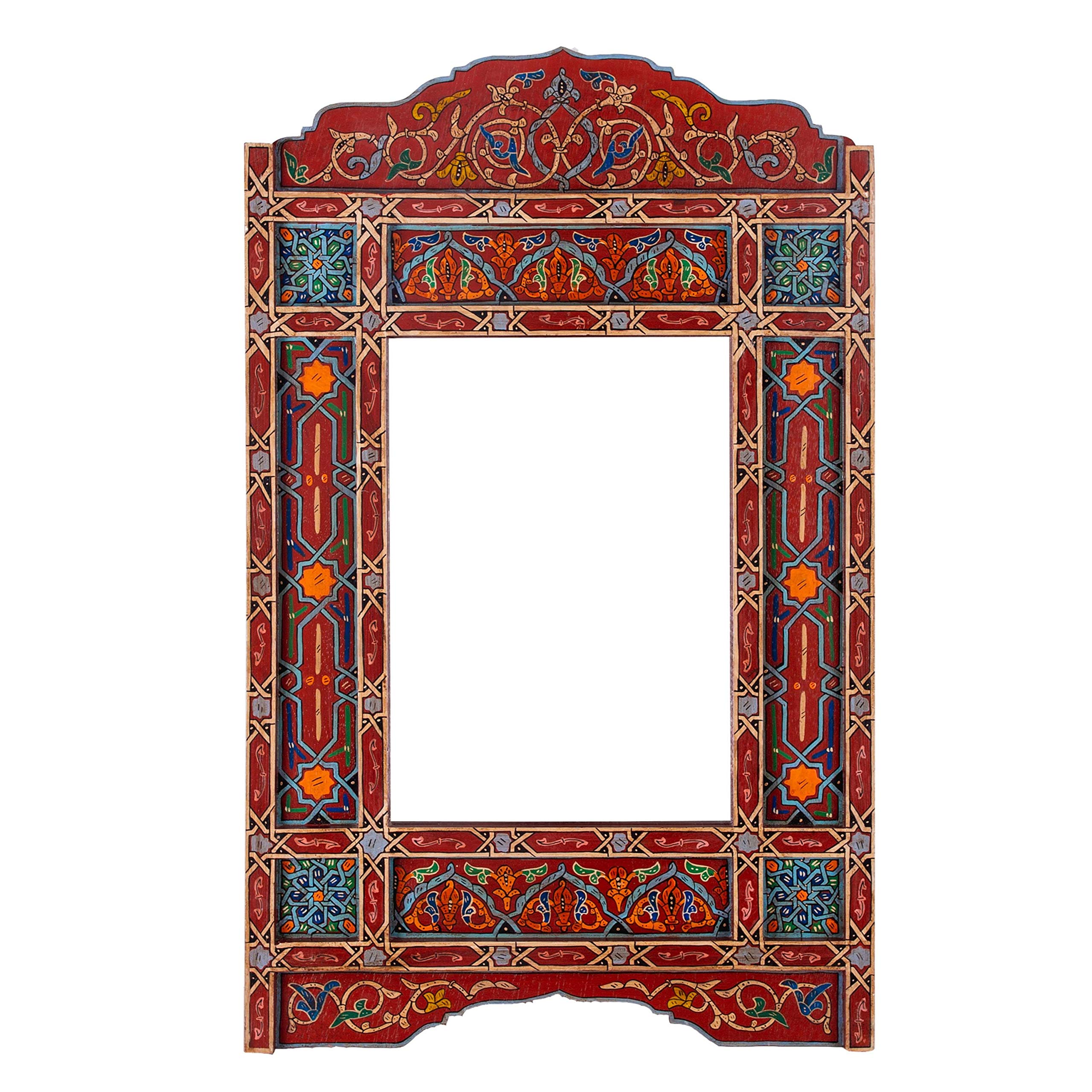 Handcrafted Moroccan Mirror Frame - Farmhouse Arch Mirror with Large Wooden Design for Rustic Bathroom Decor | Red Brick & Blue Rectangular Hanging Wall Mirror for Living Room, Bedroom, or Entryway