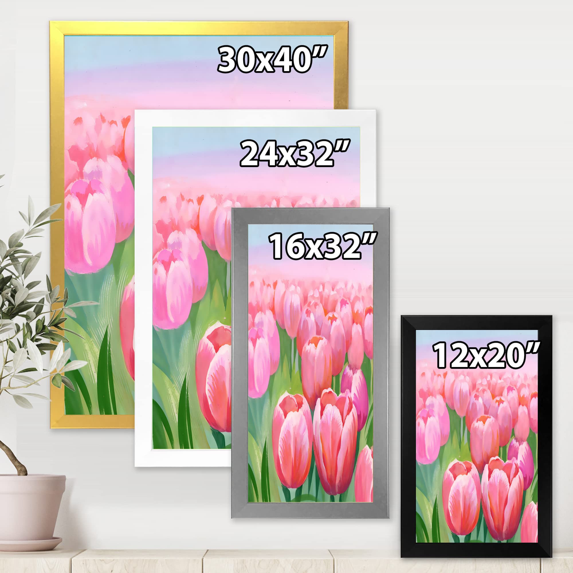 Field of Pink Tulips Traditional Framed Wall Art - Floral Home Decor for Living Room, Bedroom & Office - Ready to Hang Canvas Painting