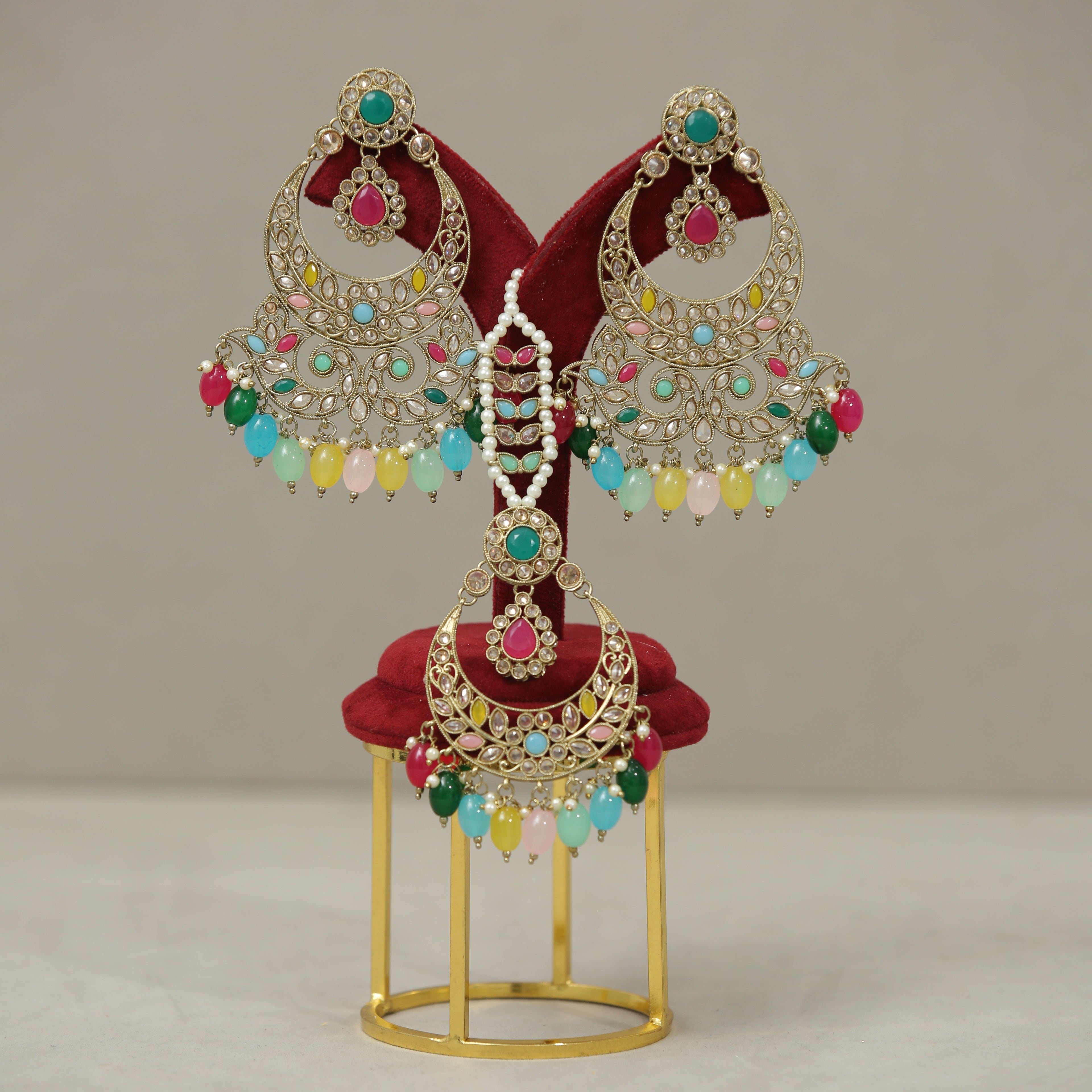 Eva Polki Earrings With Tikka - Traditional Indian Jewelry for Women - Handmade Kundan Bridal Earrings for Weddings, Parties & Festivals