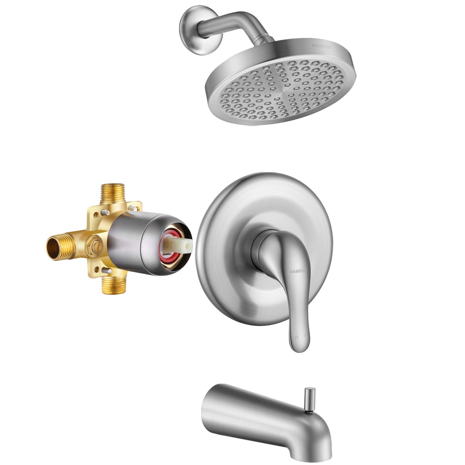 Gabrylly Single-Function Tub and Shower Faucet Set - 6 Inch Rain Shower Head with Pressure Balance Valve, Diverter & Trim Kit in Brushed Nickel Finish - Perfect for Bathroom Renovation and Spa-Like Shower Experience