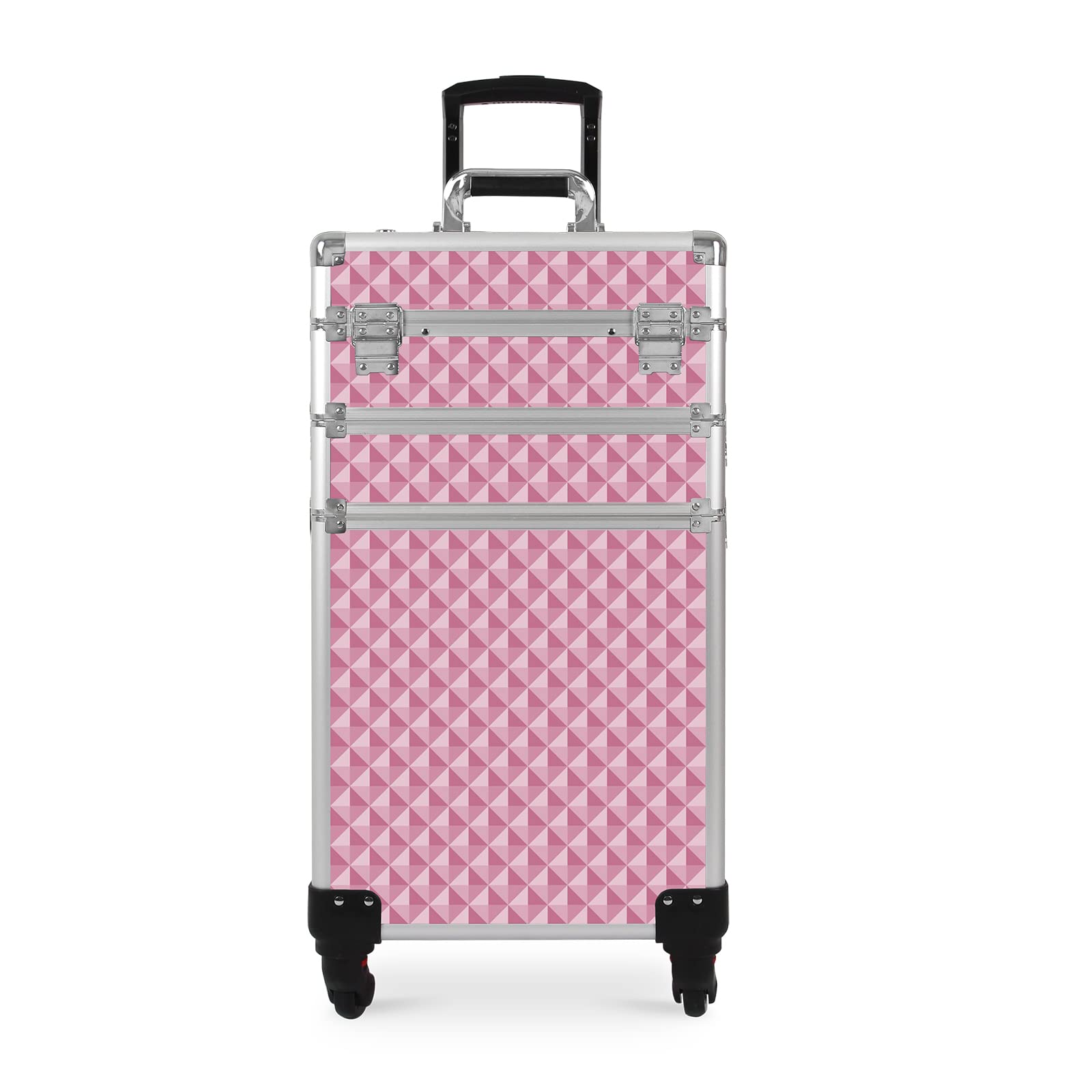 3-in-1 Professional Rolling Makeup Case with Lock & Wheels | Large Cosmetic Storage Trolley for Beauty Artists | Travel-Friendly Pink Train Case (0079) | Perfect for Salon, Mobile Makeup Services & Travel Organization