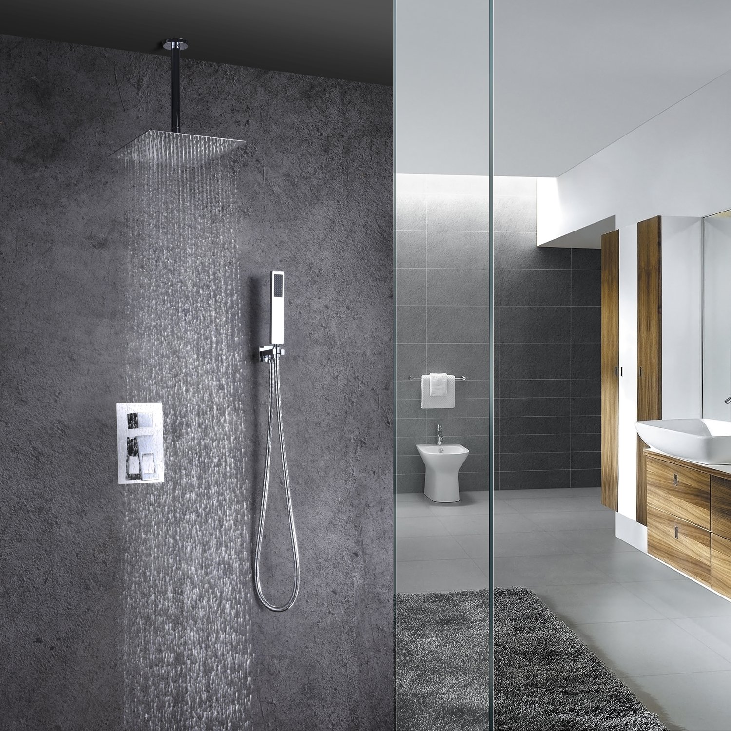 Premium Sumerain Ceiling Mount Shower System with Rough-in Valve, Rain Showerhead & Hand Shower in Chrome Finish - Perfect for Luxury Bathroom Renovation and Spa-like Shower Experience