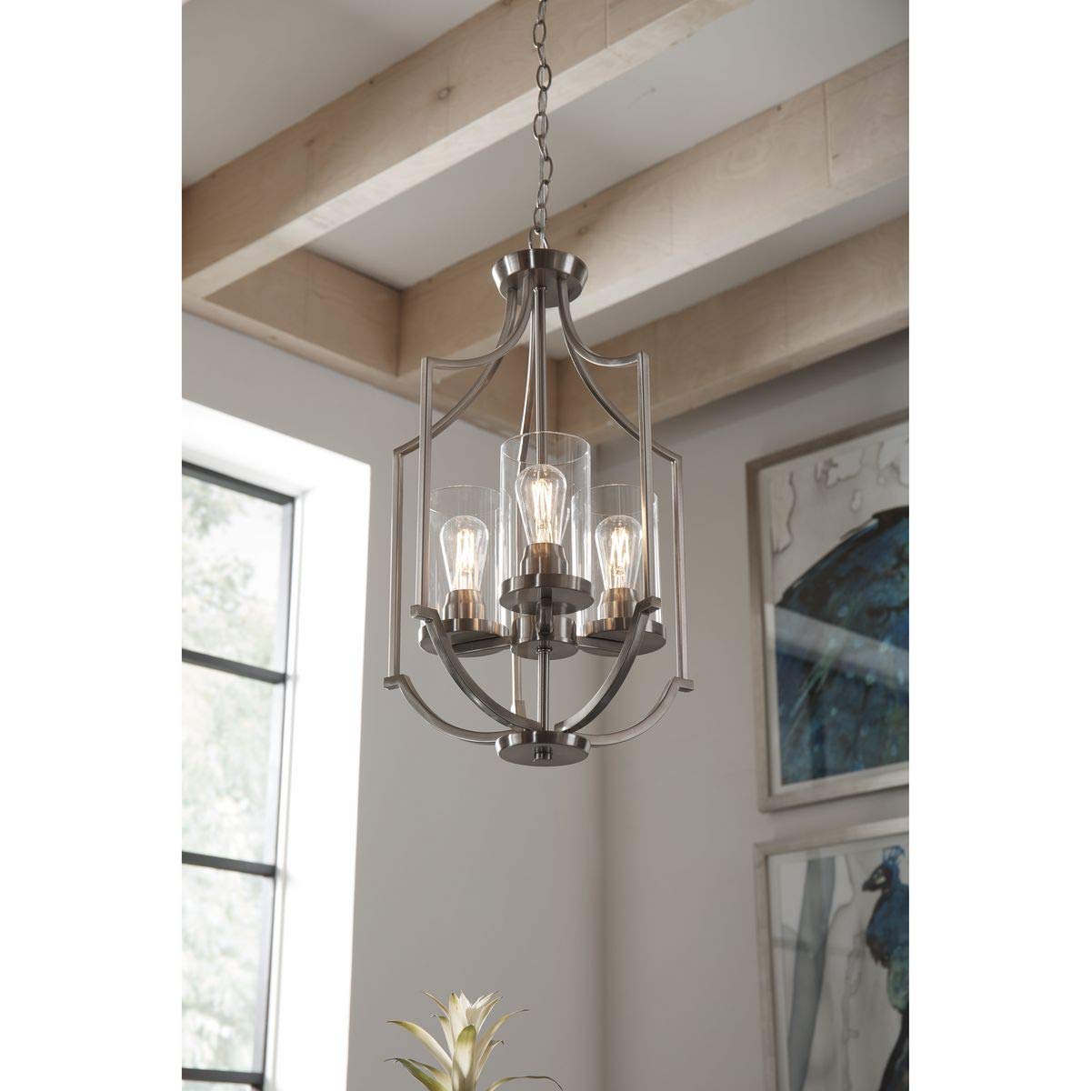 Progress Lighting Lassiter Collection 3-Light Brushed Nickel Foyer Chandelier - Modern Entryway Lighting Fixture for Hallway, Staircase & Home Decor