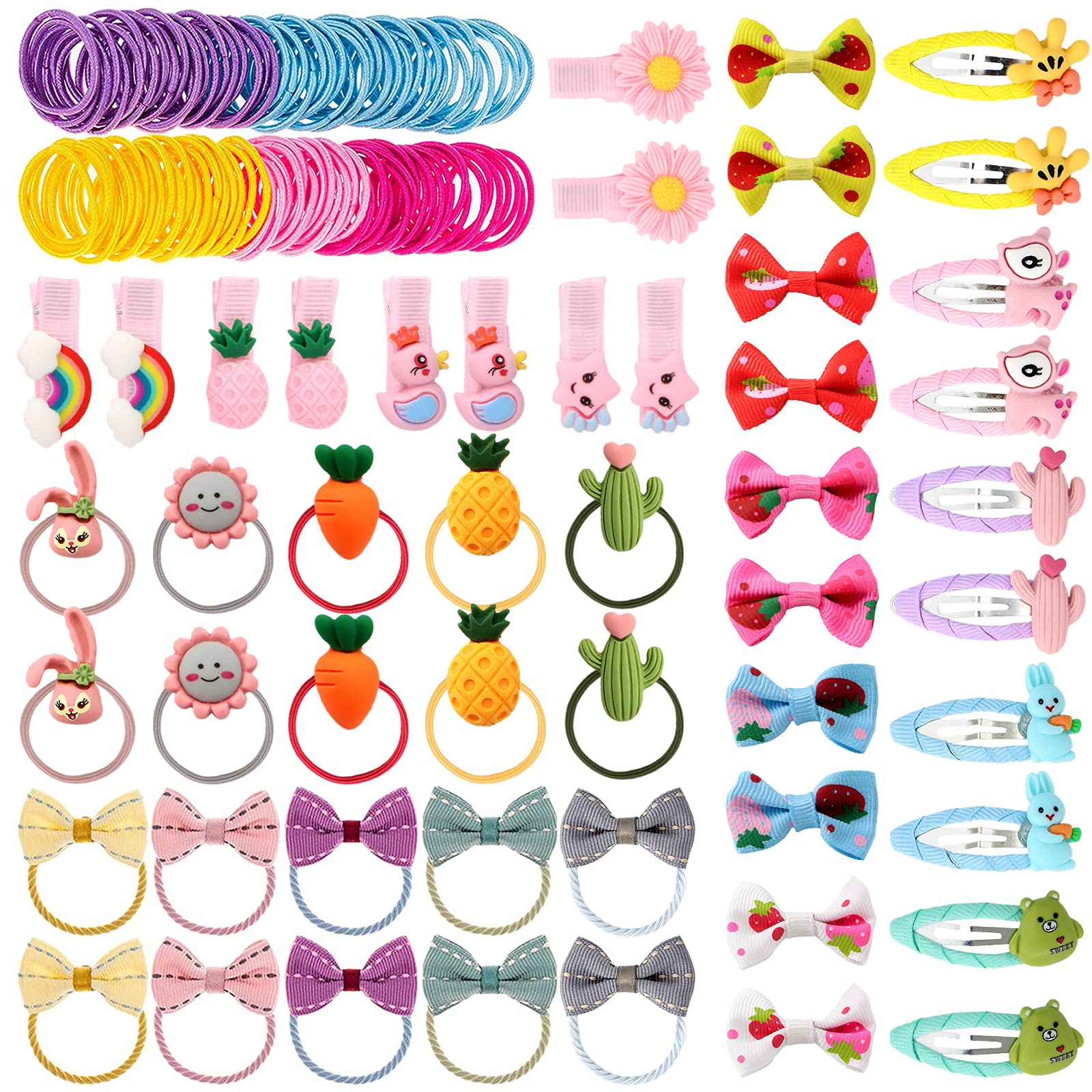 VEGCOO 150 Pcs Girls Hair Accessories Set - Cute Bow Clips, Floral Hair Clips, Elastic Rubber Hair Ties for Toddler & Kids - Perfect for School, Party, and Daily Hairstyles