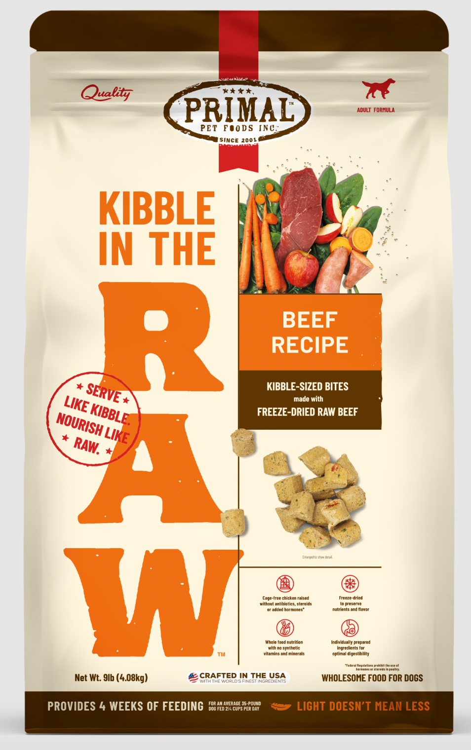 Primal Kibble In the Raw Beef Dog Food - High Protein Grain-Free Dry Dog Food for All Breeds & Ages | Perfect for Active Dogs, Training Treats & Meal Toppers