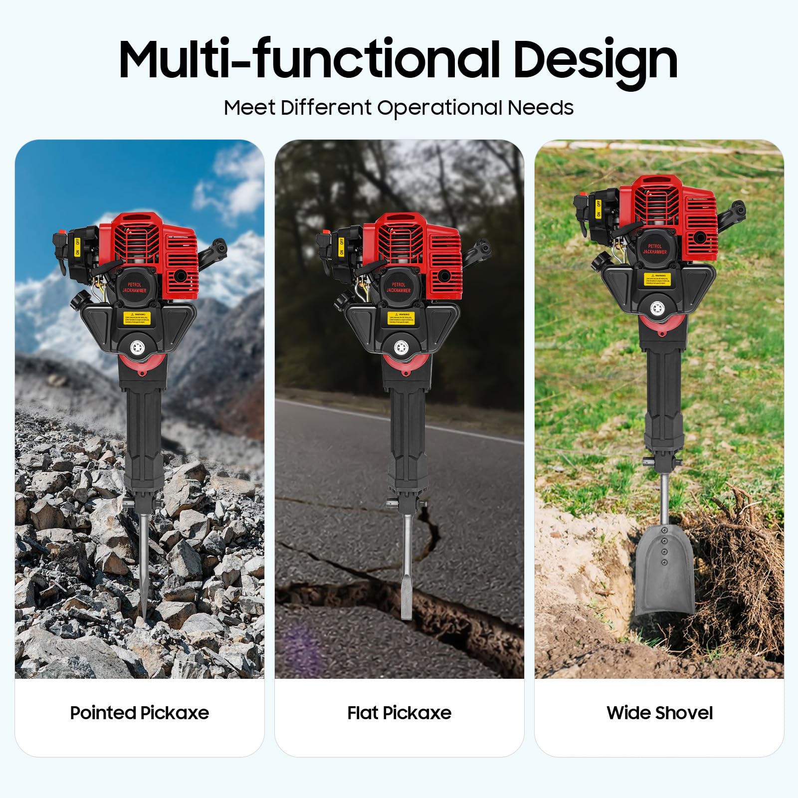 52CC Gas Powered Handheld Trencher Digger Machine - 2-Stroke Portable Tree Planting Shovel with 3 Interchangeable Heads for Gardening, Farming & Landscaping | Ideal for Digging Holes, Planting Trees & Excavating in Gardens, Farms & Outdoor Spaces