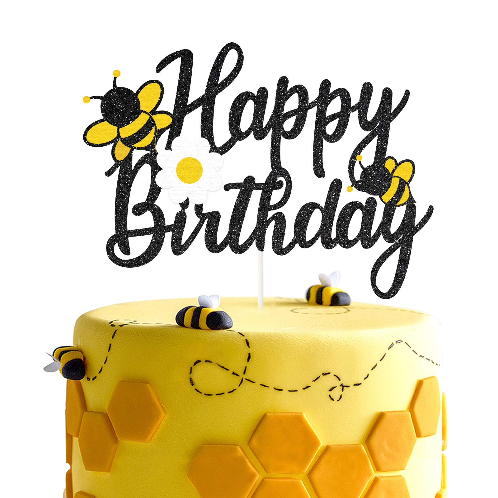 Glitter Bee Happy Birthday Cake Topper - Honey Bee Themed Party Decorations for Birthday Cakes, Garden Bug Themed Parties & Bee Day Celebrations - Multi-Colored Shimmer Centerpiece for DIY Cake Decorating & Party Supplies