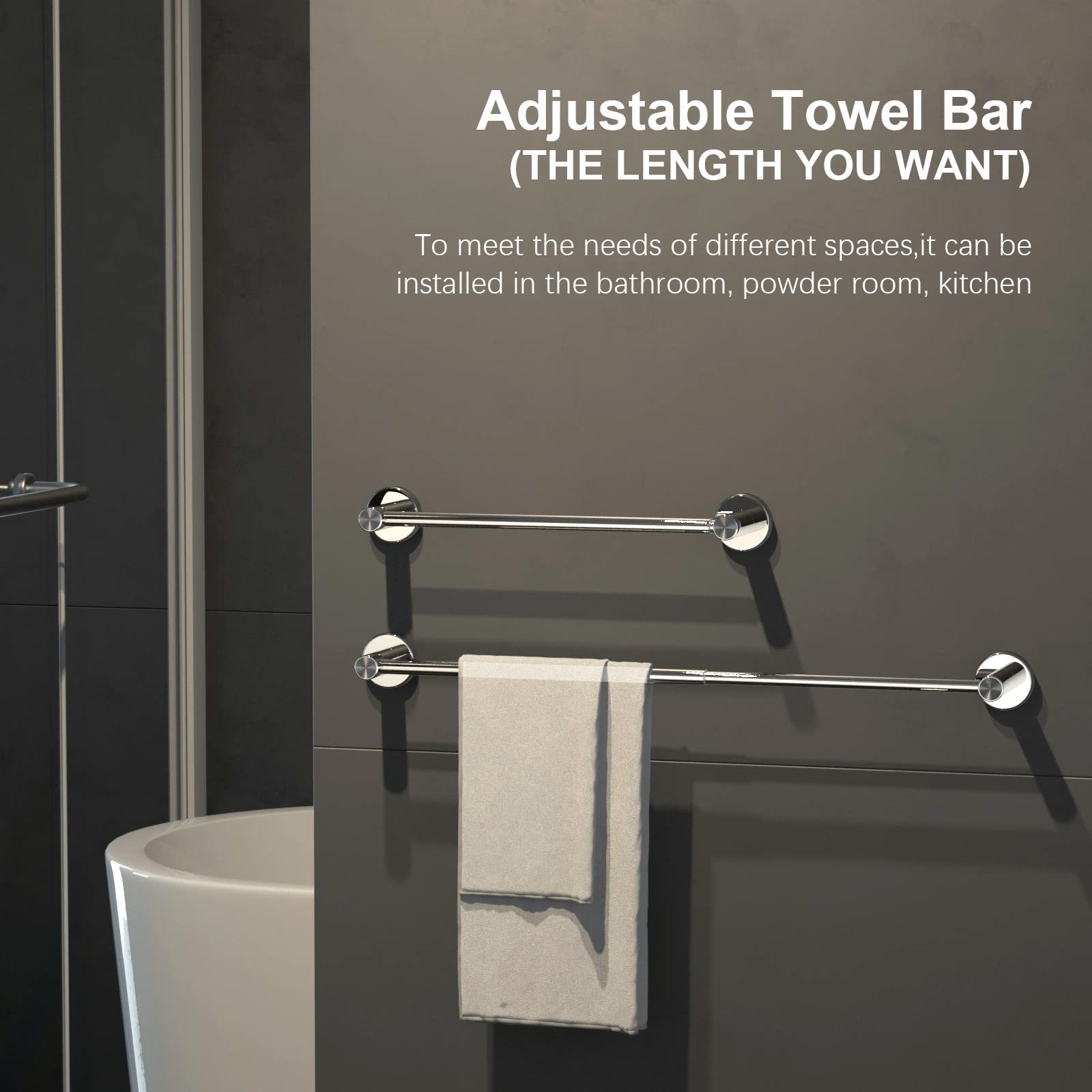 Adjustable Polished Chrome Towel Bar 16-27.6 Inch - iMomwee 304 Stainless Steel Bathroom Towel Rack - Wall Mounted Retractable Towel Rod with S Hooks - Perfect for Small Bathrooms, Vanities & Spa-Style Showers