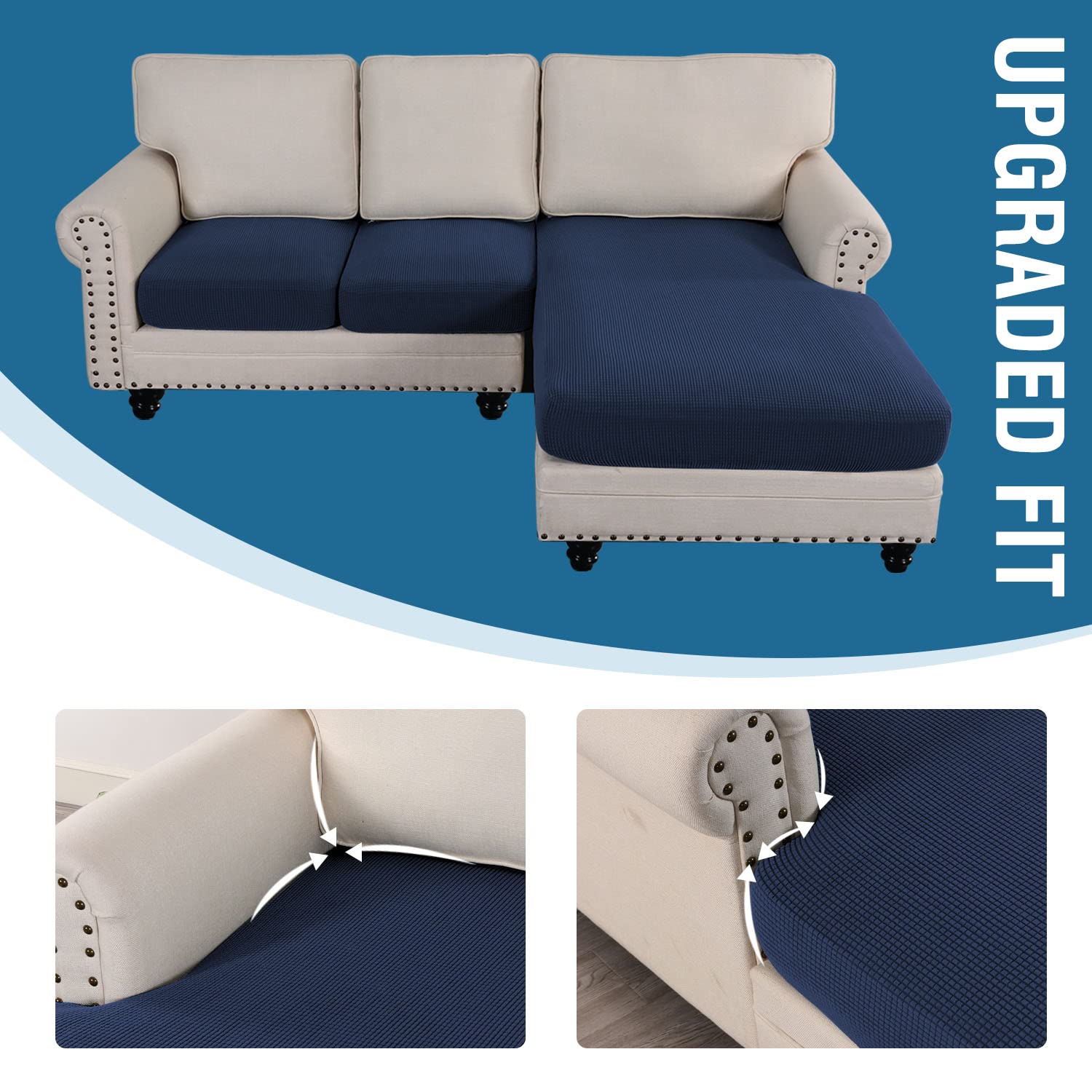 H.VERSAILTEX 3-Piece L-Shaped Sectional Sofa Cover Set - Reversible Left/Right Chaise & Cushion Protector (Navy Blue) - Perfect for Living Room, Family Room & Home Theater Furniture Protection