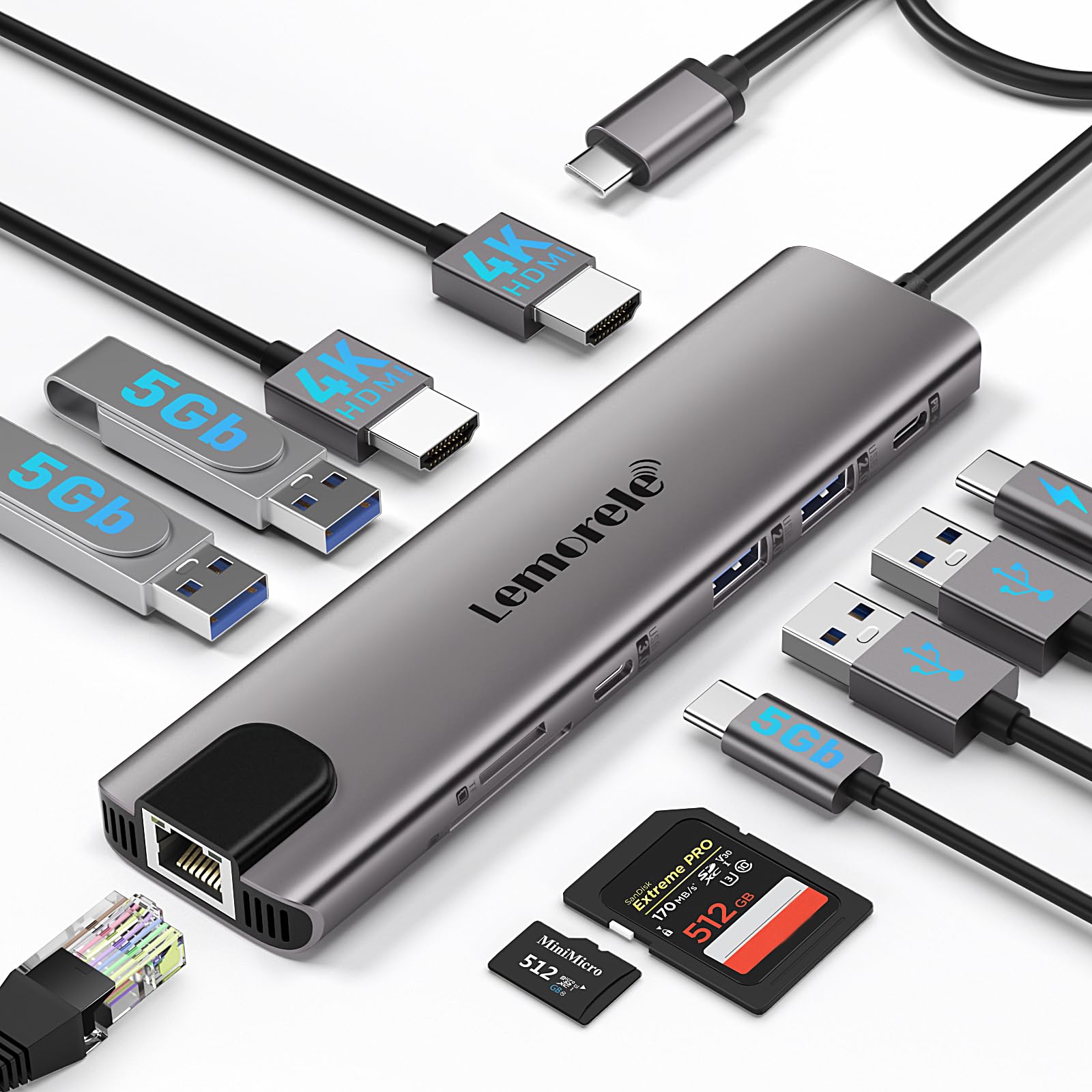 Lemorele 11-in-1 USB C Docking Station for Laptop - Dual Monitor 4K HDMI, 100W PD Charging, Ethernet, SD/TF Card Reader, 4 USB Ports (3.0 & 2.0), USB-C Data Port - Compatible with MacBook Pro/Air (Thunderbolt 3) - Perfect for Home Office, Gaming & Multi-Tasking Workspace Setup