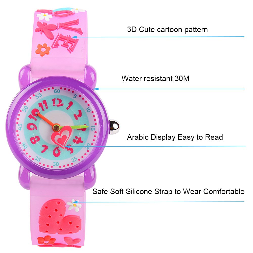 Venhoo Kids Waterproof Digital Watch - Cartoon Silicone Wristwatch for Girls & Boys, Time Teacher Gift with Alarm & LED Light (Purple Heart) - Perfect for School, Swimming & Outdoor Activities
