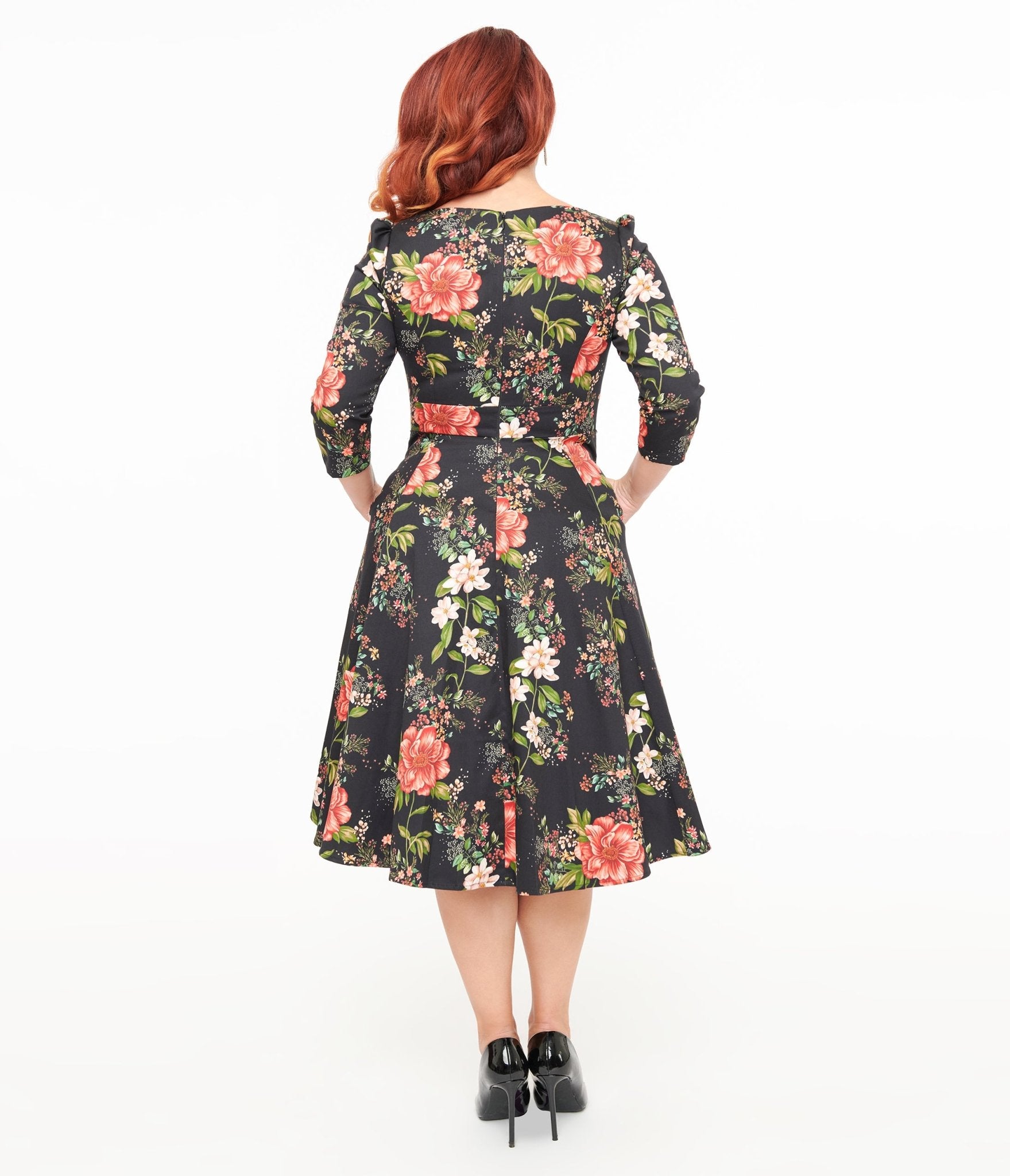 Hearts & Roses Winter Floral Isla Swing Dress - Elegant Flowy Midi Dress for Women, Perfect for Holiday Parties, Christmas Gatherings & Winter Weddings