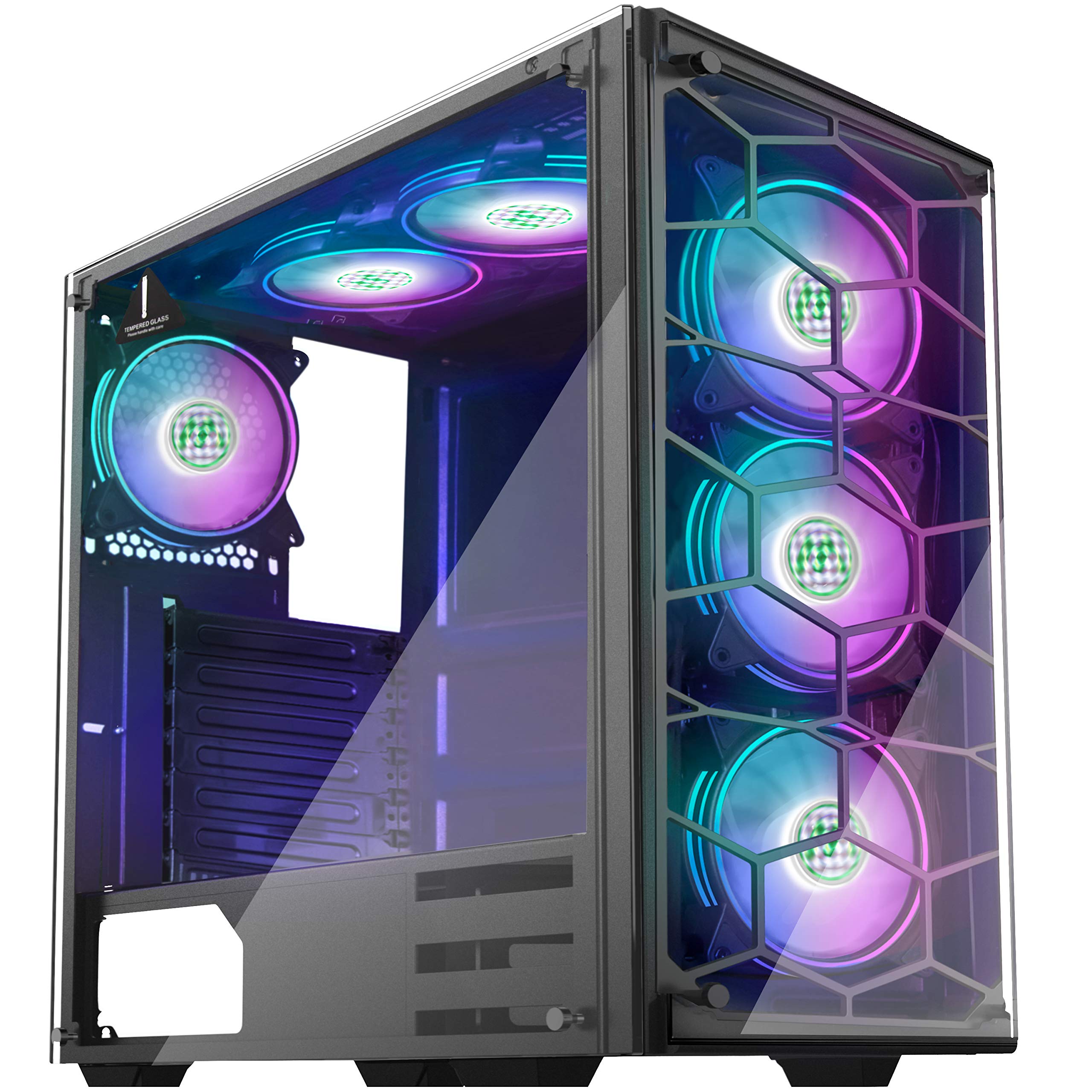 MUSETEX Phantom Black ATX Mid Tower Gaming PC Case - USB 3.0 Ports, Tempered Glass Side Panel, 6x 120mm RGB Fans Pre-Installed (Model 907D6) - Perfect for High-Performance Gaming Rigs & Custom PC Builds