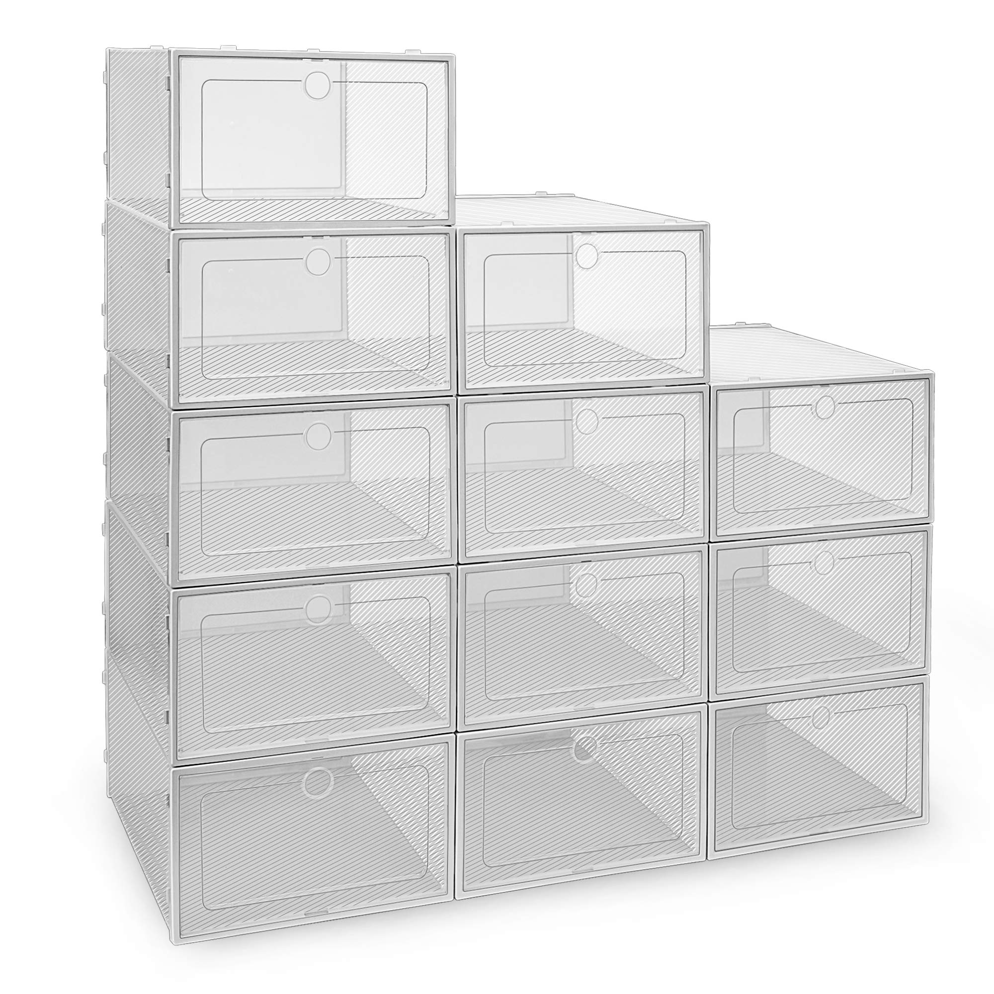 IPOW 12 Pack Clear Plastic Stackable Shoe Boxes - Foldable Drop Front Shoe Organizer Storage Containers for Sneakers, Boots & Heels | Perfect for Closet, Bedroom & Dorm Organization (Men, Women & Kids)