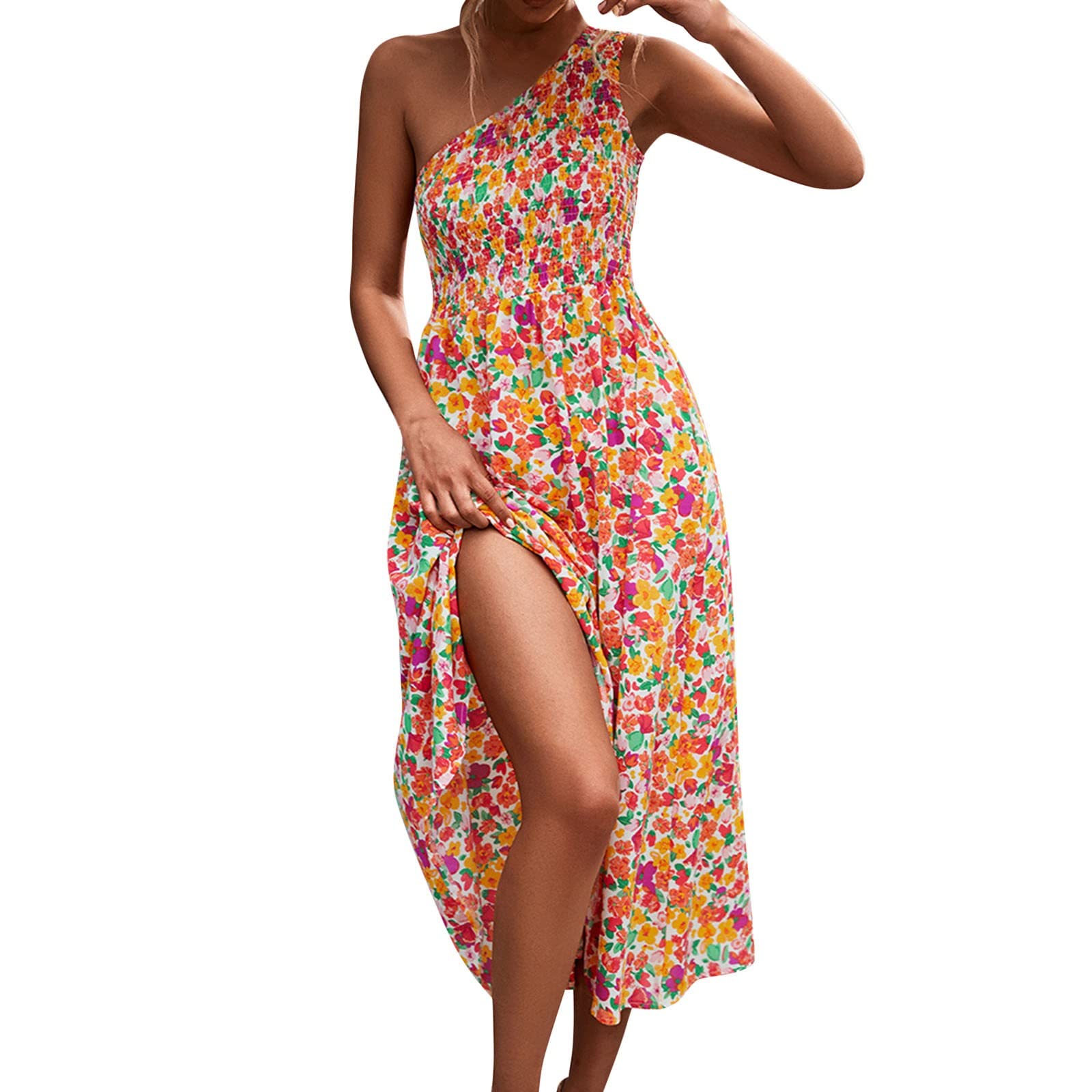 Women's One Shoulder Floral Summer Dress - Sleeveless Ruffled Flowy Casual Maxi Dress for Plus Size - Perfect for Beach Vacations, Parties & Date Nights