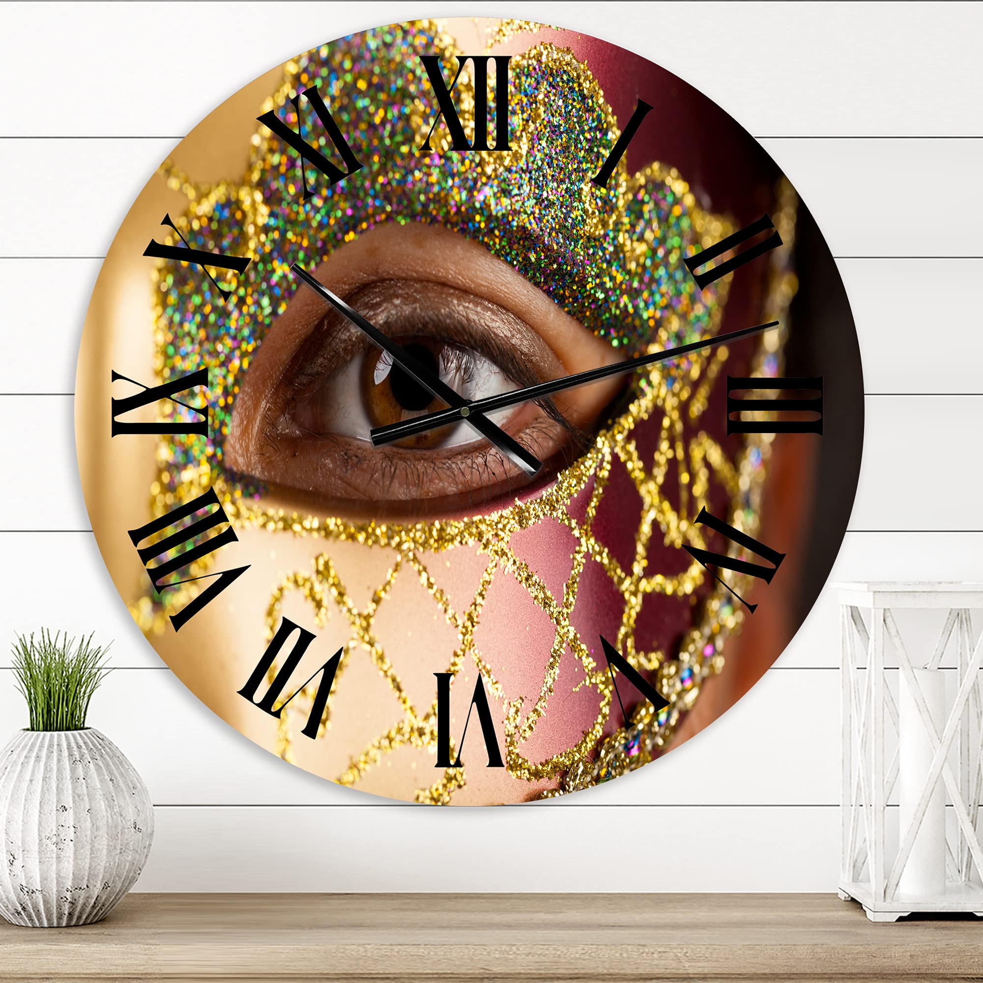 DesignQ Modern Large Wall Clock - 'Woman with Venetian Mask' Art Decor for Living Room, Bedroom & Kitchen | Silent Non-Ticking Home Office Decoration