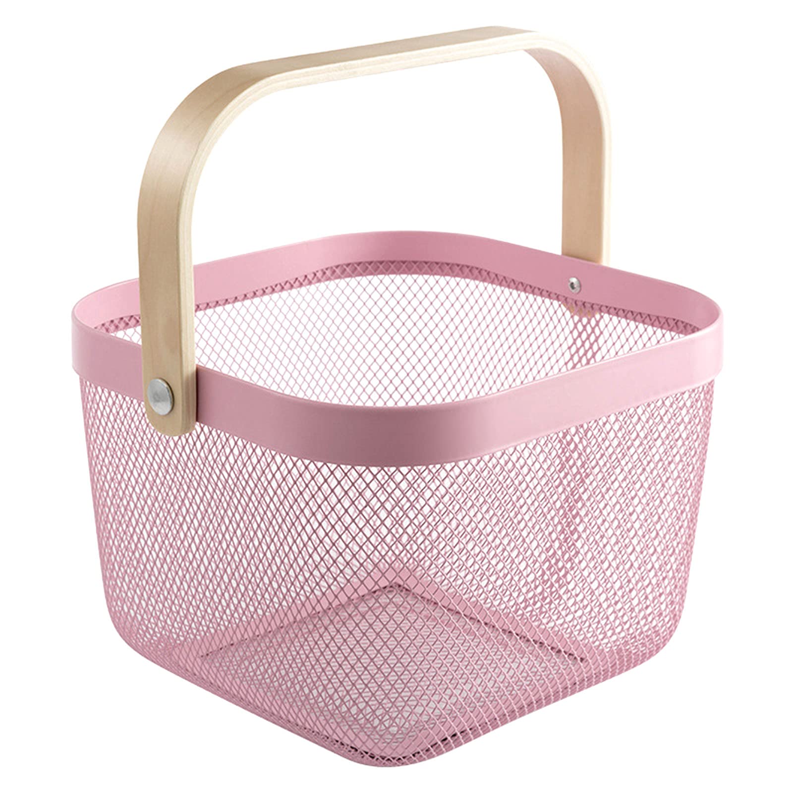 **Mesh Steel Storage Basket with Bamboo Handle - Multi-Purpose Organizer for Kitchen, Bathroom, Pantry & Cabinet - Perfect for Fruits, Vegetables & Home Organization (Pink)**    *Use Cases: Ideal for storing fresh produce, organizing toiletries, decluttering pantry shelves, or displaying decorative items in your home.*