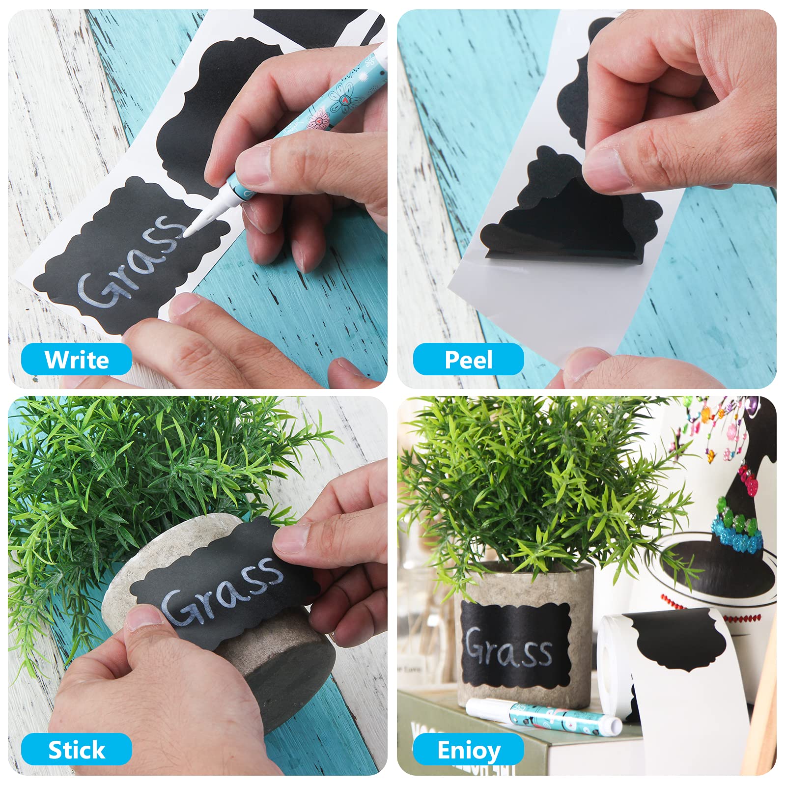 Erasable Chalkboard Labels - 120 Pcs Waterproof Reusable Sticker Labels with 1 Liquid Chalk Marker for Storage Bins, Mason Jars, Pantry & Office Organization (D-3 Shape) - Perfect for Home, Kitchen & Classroom Labeling