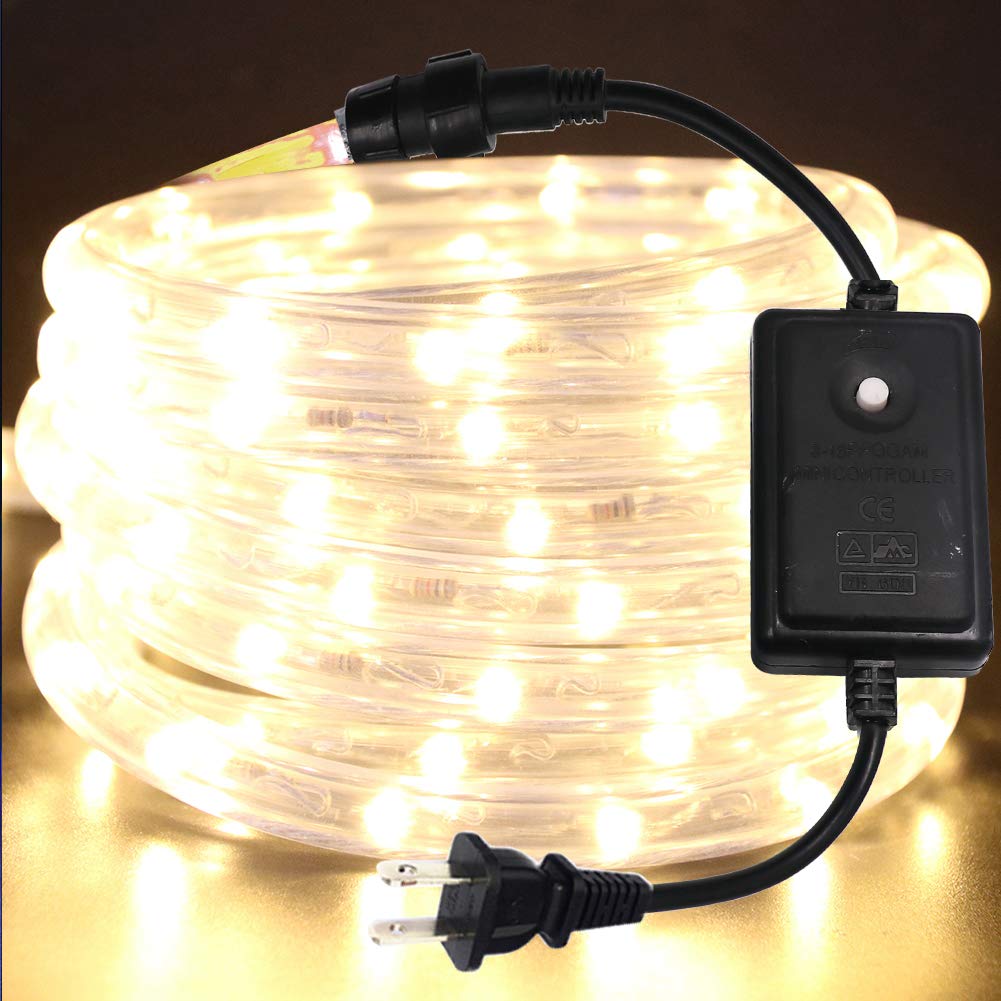 XUNATA 53ft LED Rope Lights - 3500K Warm White Waterproof Connectable Strip Lights with 8 Flickering Modes for Indoor/Outdoor Decor, Party Lighting, and Holiday Displays (16m, 110-130V AC)