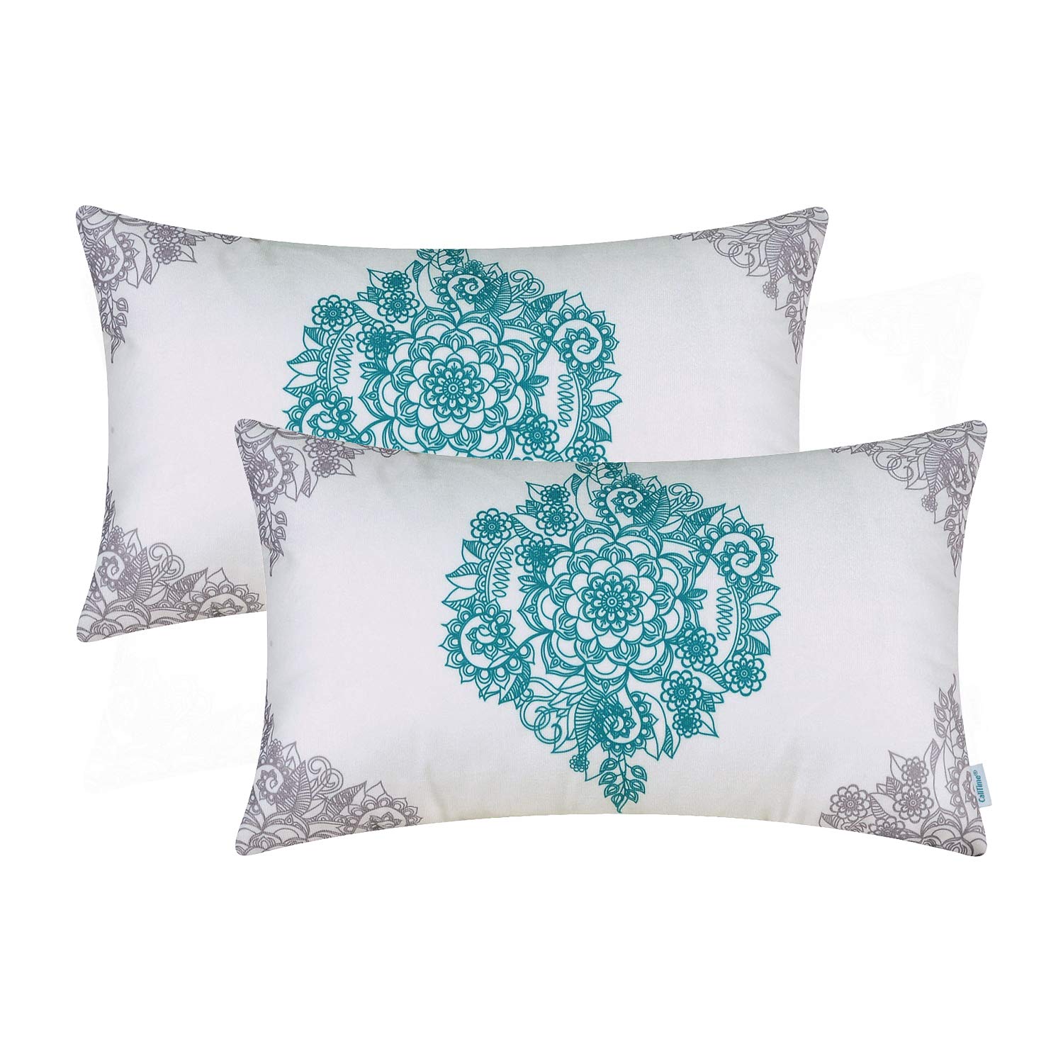 Vintage Mandala Floral Hand-Painted Pillow Covers - Pack of 2 (12x20 Inches) Grey/Teal - Cozy Sofa & Bed Cushion Cases for Living Room, Bedroom Decor