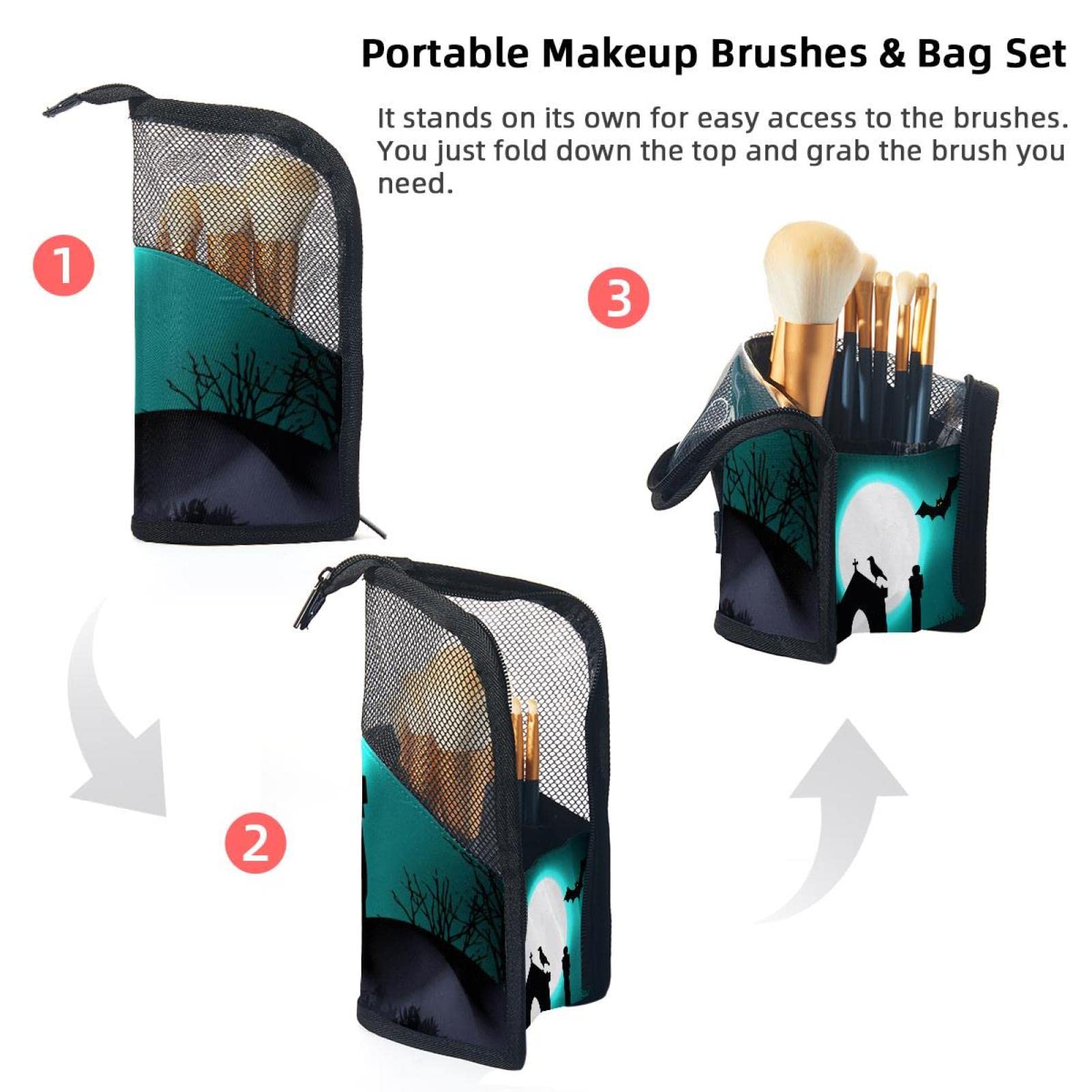 12-Piece Makeup Brush Organizer Bag with Scary Full Moon Bat Design - Portable Travel Cosmetic Brush Holder Case for Professional & Home Makeup Storage