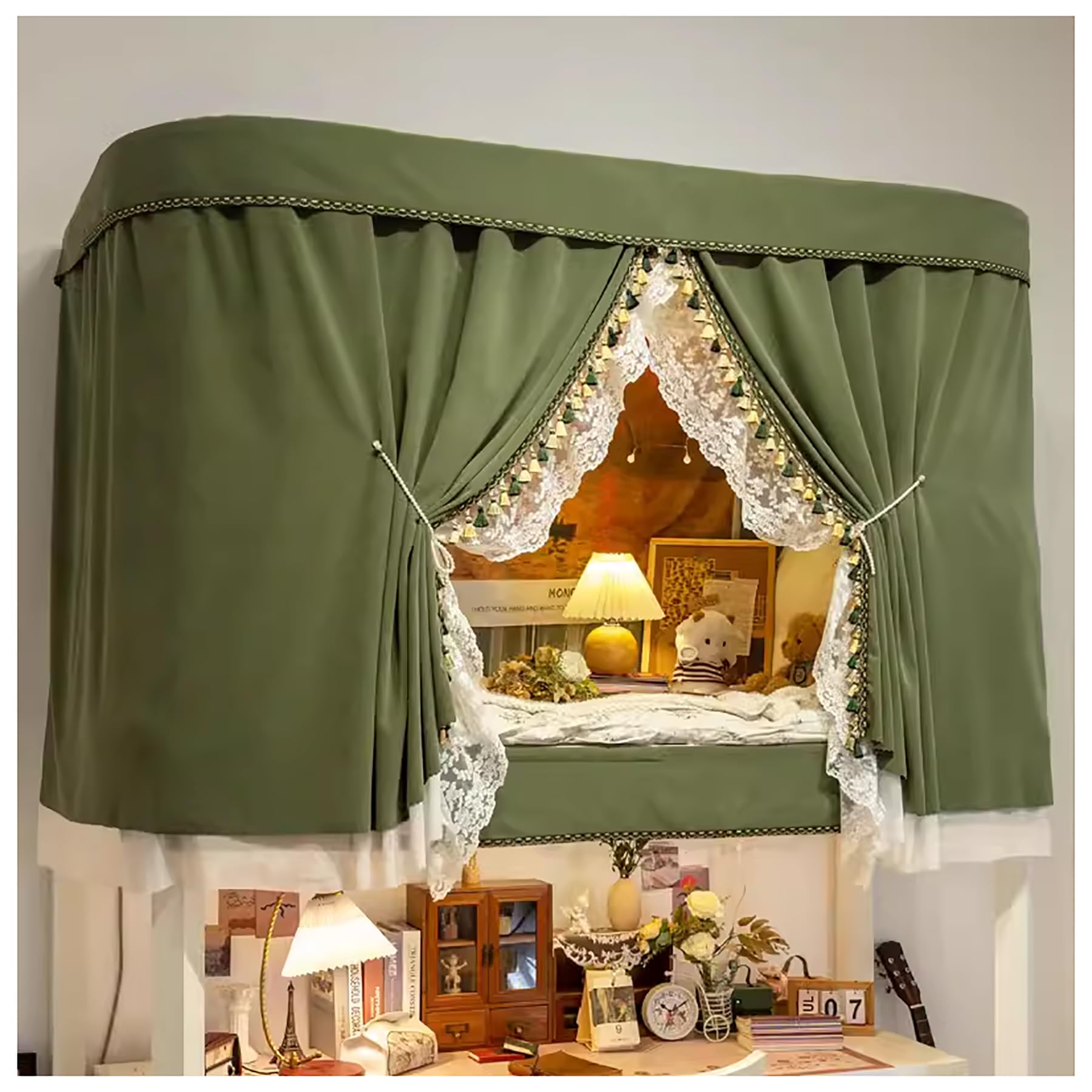 Student Dorm Bed Privacy Canopy Curtains - Twin Size Top Bunk Bed Tent Cover with U-Shaped Frame, Poles & Bracket (59 Inch) - Perfect for College Dorms, Kids Rooms & Sleep Privacy