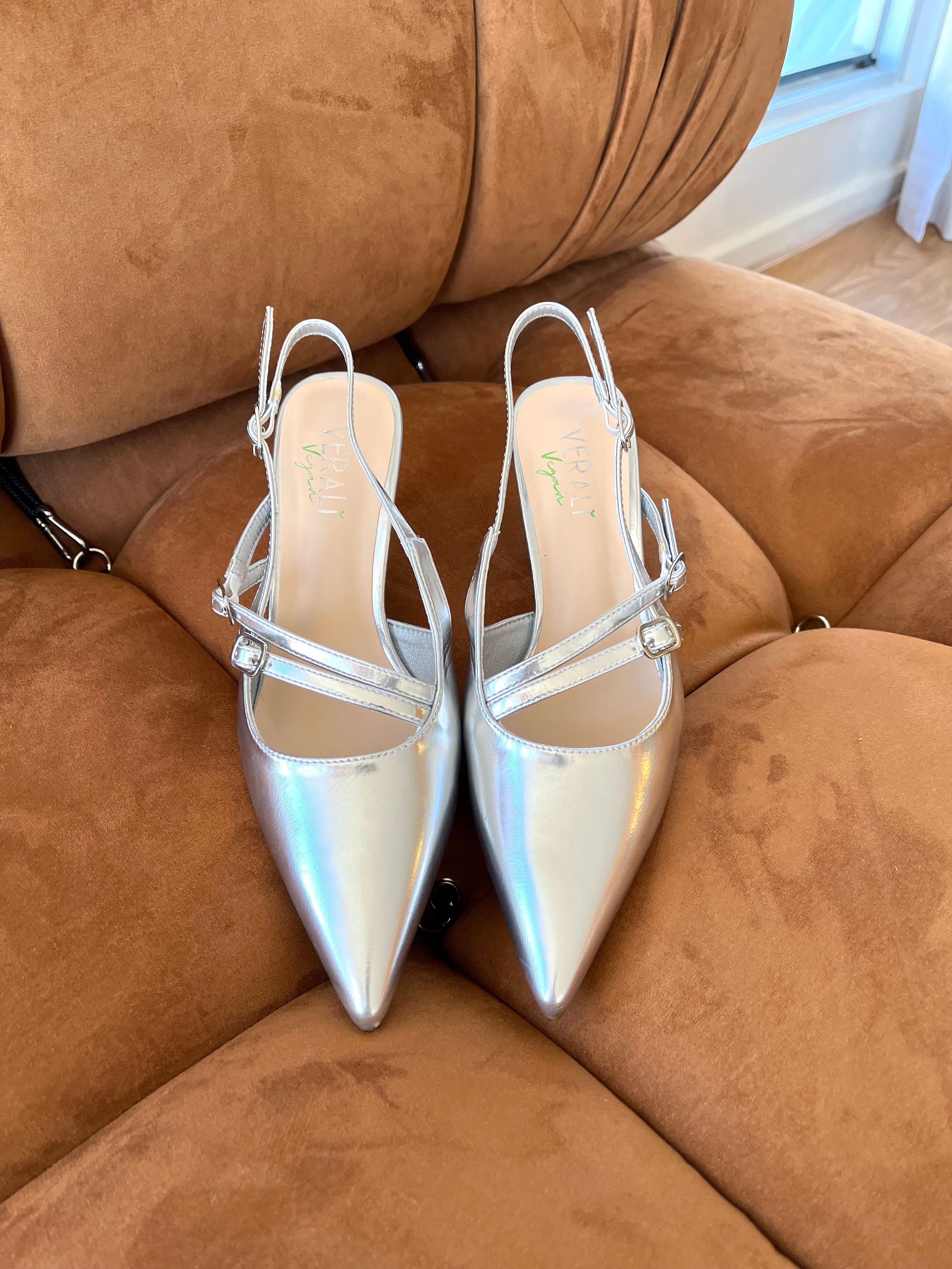 Zedd Pointed Toe Kitten Heels - Silver Metallic Women's Dress Shoes for Work, Party & Special Occasions