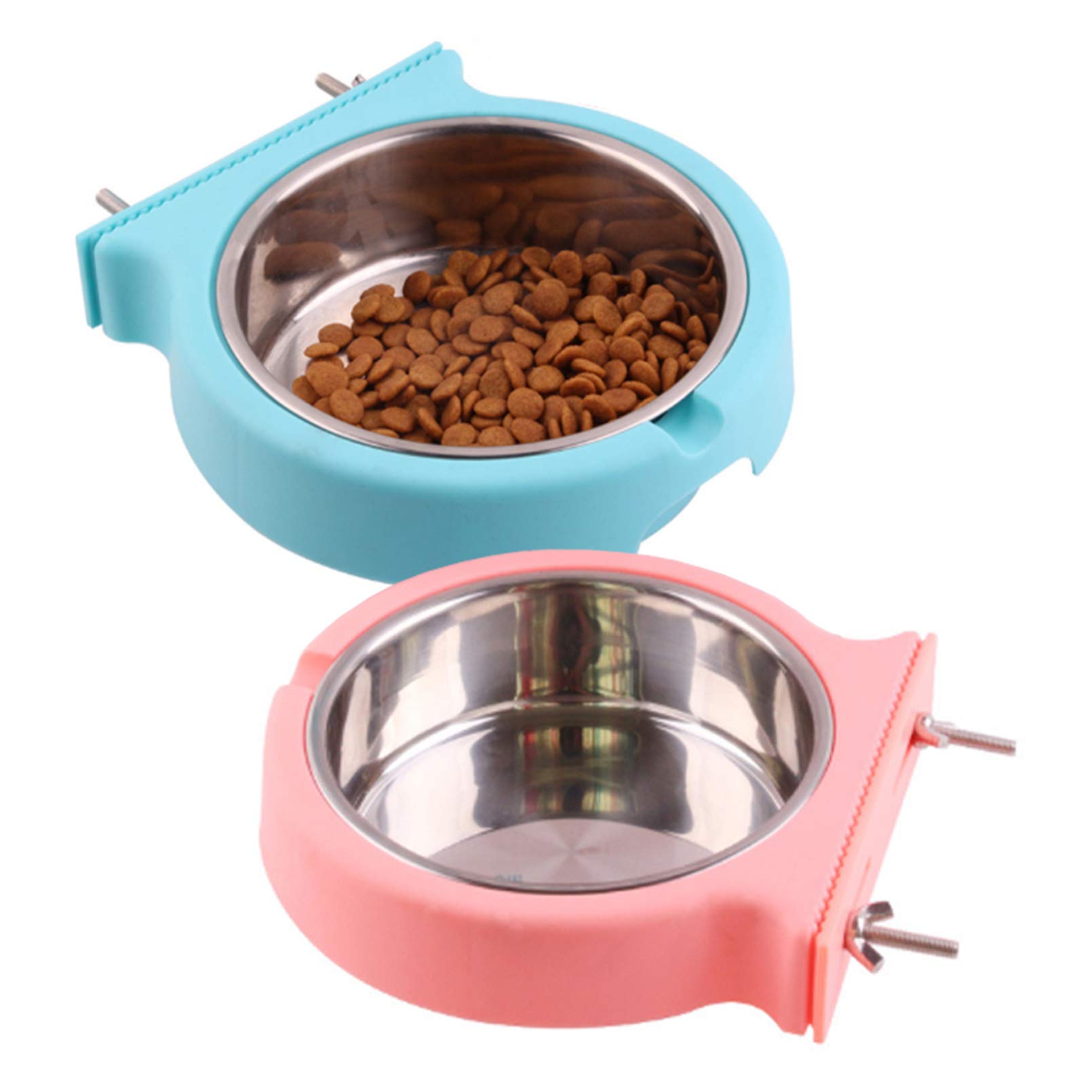 Kathson Removable Stainless Steel Hanging Pet Bowl - 2 Pack (Pink & Blue) for Dogs, Cats, Puppies, Birds, Rats & Guinea Pigs - Durable Food & Water Feeder for Cages, Crates & Coops - Perfect for Travel, Training & Small Animal Care