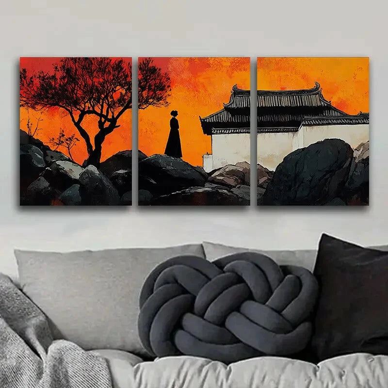 3-Piece Vibrant Sunset Silhouette Metal Wall Art - Ready to Hang Home Decor for Living Room, Bedroom & Office