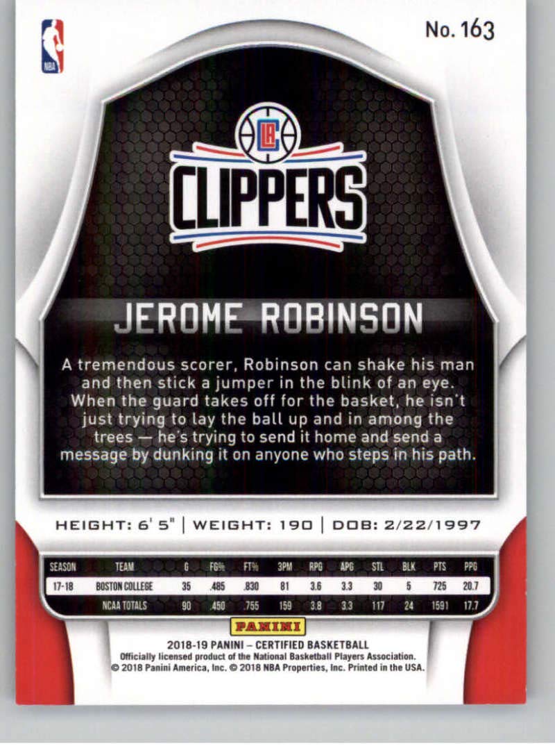2018-19 Panini Certified Mirror Blue Basketball Card #163 Jerome Robinson SER/199 - Los Angeles Clippers NBA Trading Card - Collectible Memorabilia for Fans & Investors