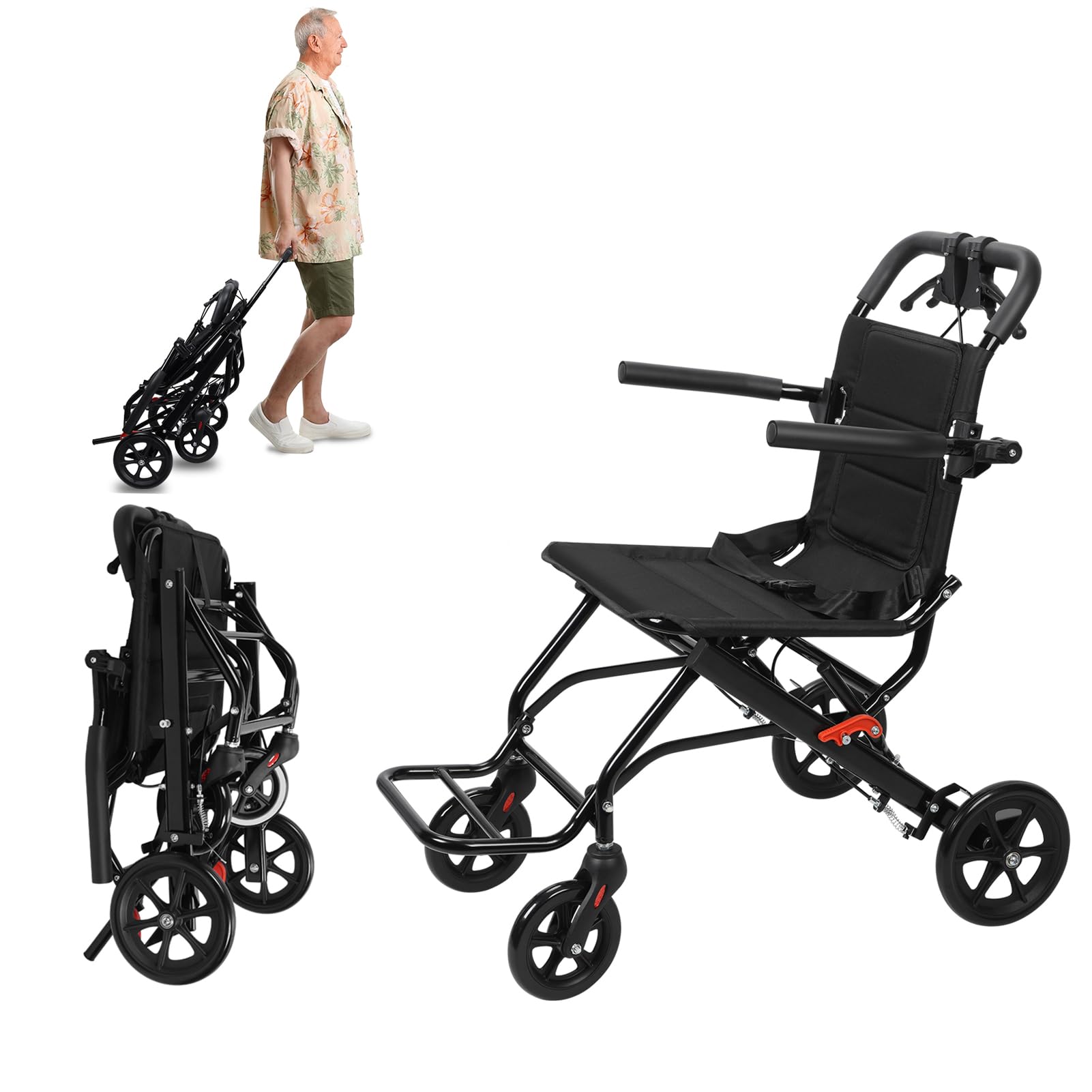 Lightweight Portable Folding Wheelchair for Adults & Elderly - Compact Travel Transport Chair with Easy Fold Design (Black) - Ideal for Air Travel, Shopping & Outdoor Activities