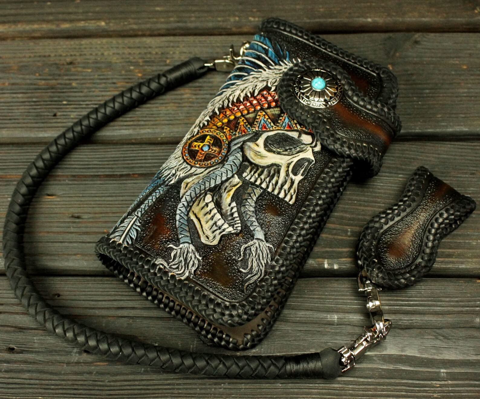 Handmade 3D Genuine Leather Biker Wallet for Men - Custom Hand-Carved & Hand-Painted with Native American Skull & Skeleton Design - Perfect for Motorcycle Riders, Gift Giving & Western Fashion Enthusiasts