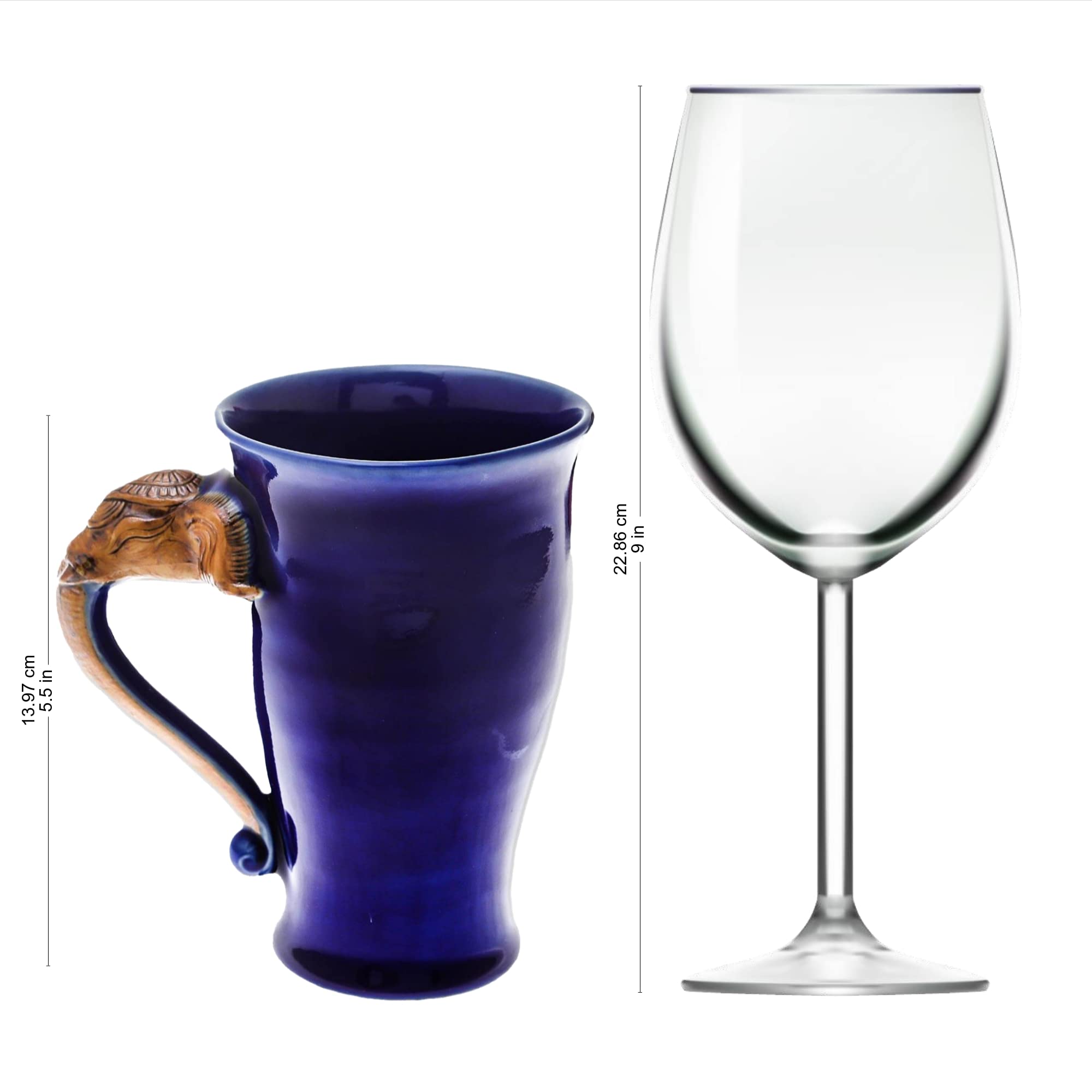 Handmade Thai Celadon Ceramic Mug with Elephant Design - Blue & Brown Artisan Coffee Cup - 12 Oz Thailand Tableware for Home & Office Use - Perfect for Tea, Coffee & Gifts - 5.5in H x 4.9in W x 3.5in D