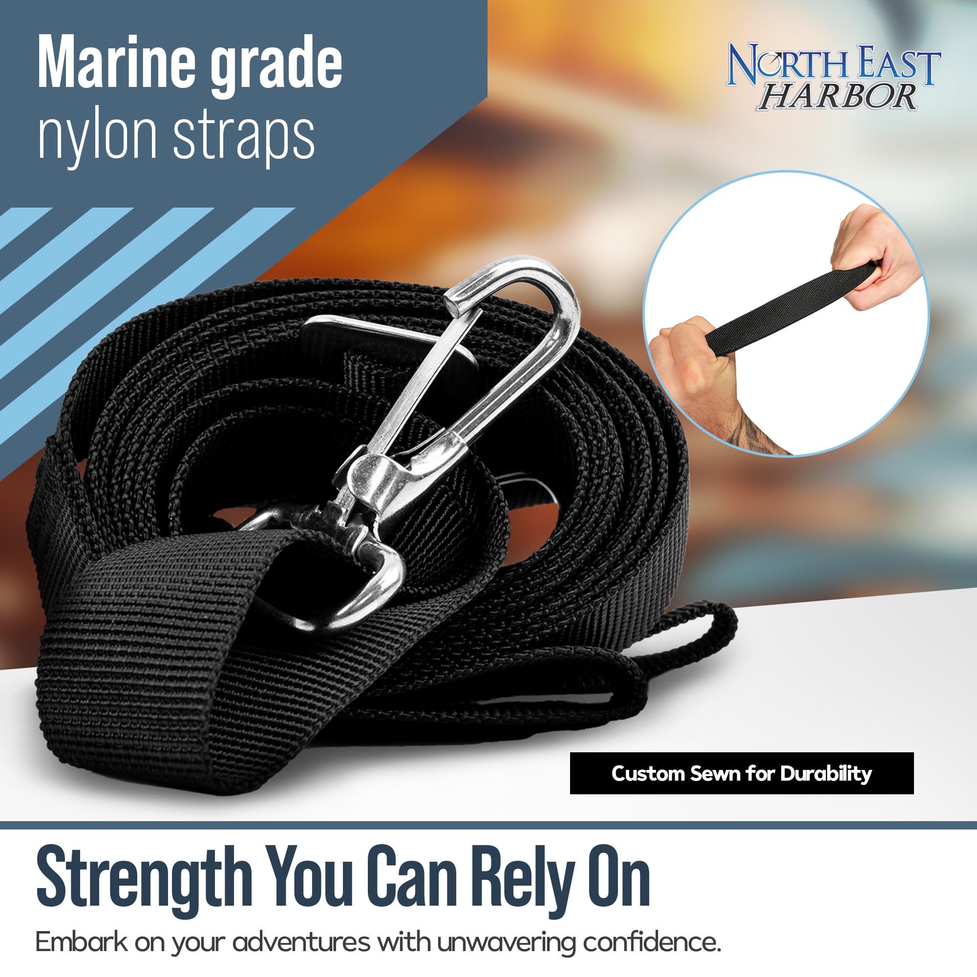 **KNOX Adjustable Boat Straps for Bimini Tops - Heavy Duty Marine Awning Straps with 316 Stainless Steel Snap Hooks - Replacement Nylon Webbing Straps for Boat Canvas & Bimini Top Accessories - Perfect for Boating, Yachting & Marine Use**