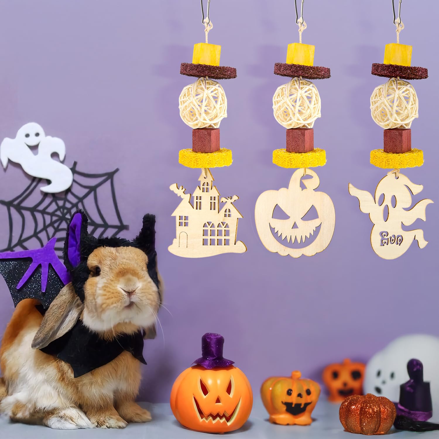 Halloween Guinea Pig Chew Toys - 3 Pack Wooden Rabbit Hamster Treats for Chinchillas, Rats & Small Pets - Hanging Cage Accessories for Teeth Care & Enrichment - Perfect Halloween Decor & Gifts for Bunny, Rodent Owners