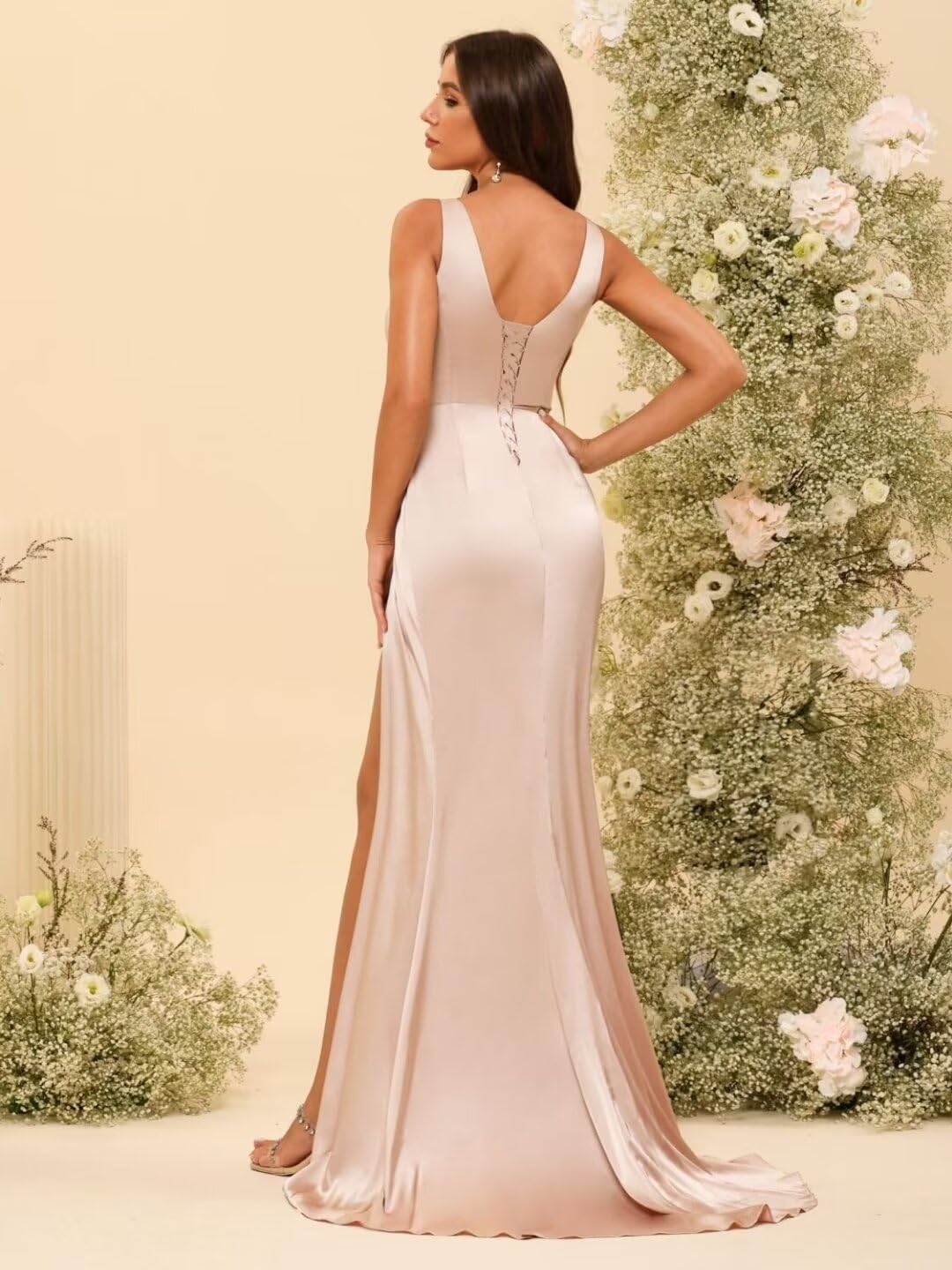 Elegant Dusty Blue V-Neck Bridesmaid Dress - Long Sleeveless Formal Gown with Empire Waist & High Slit | Perfect for Weddings, Parties & Special Occasions