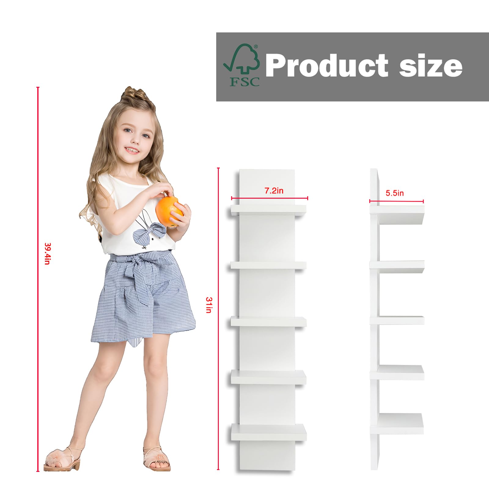 5 Tier White Wall Shelves - Vertical Floating Shelf Organizer for Home Decor, Tall Tower Design, 30.7x31 Inches - Perfect for Bedroom, Living Room & Office Storage Solutions