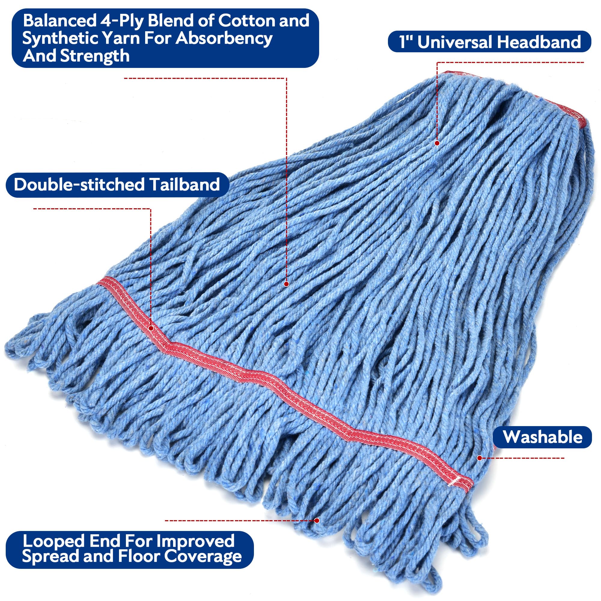 Matthew Cleaning 24oz Heavy Duty Commercial Mop Head Replacement - Industrial Blue Cotton Looped End String Refill (12-Pack) for Wet Floor Cleaning in Restaurants, Hospitals & Warehouses