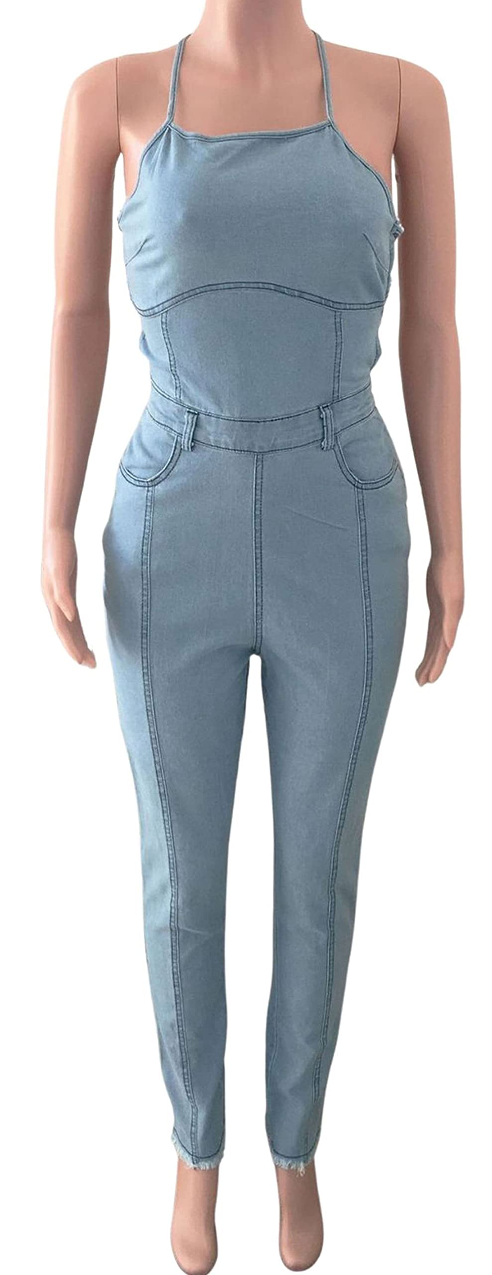 CHARTOU Women's Sexy Sleeveless Denim Jumpsuit - High Waist Skinny Jean Romper with Hollow Out Details | Perfect for Night Out, Party & Casual Wear