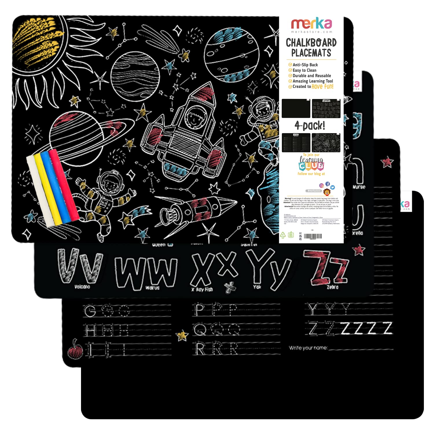merka Kids Reusable Coloring Placemats Set of 4 - Space Theme with Astronauts, Spaceships & Alphabet - Includes 4 Colored Chalks | Perfect for Dining, Learning & Creative Play