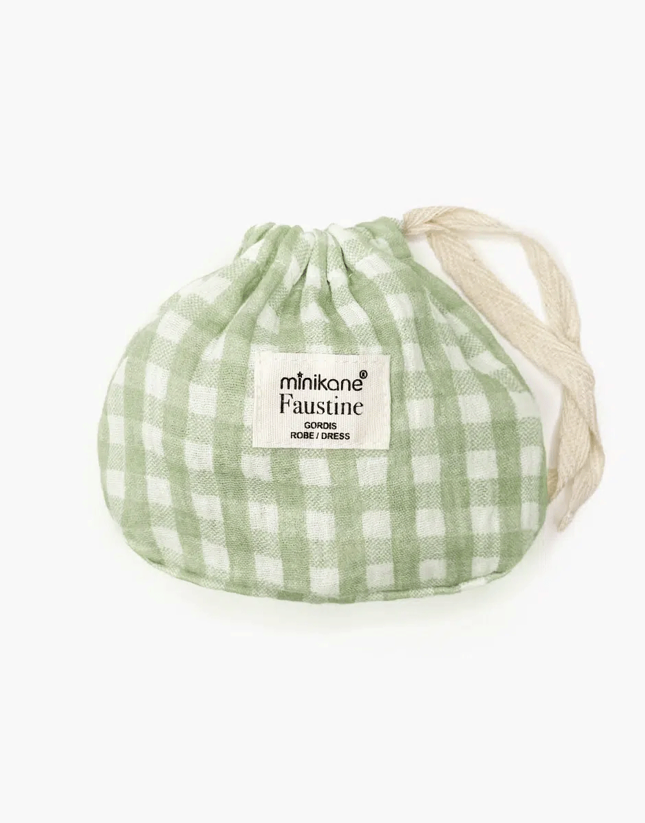 Minikane Faustine Green Vichy Check Dress with Pouch for Baby Dolls - Perfect for Playtime, Collecting, and Photoshoots